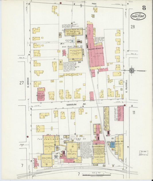 Sanborn Fire Insurance Map from High Point, Guilford County, North Carolina (1917), Sheet #0008 - Historic Sanborn Fire Insurance Map Print, vintage old map wall art, antique decor, genealogy gift, North Carolina North Carolina map