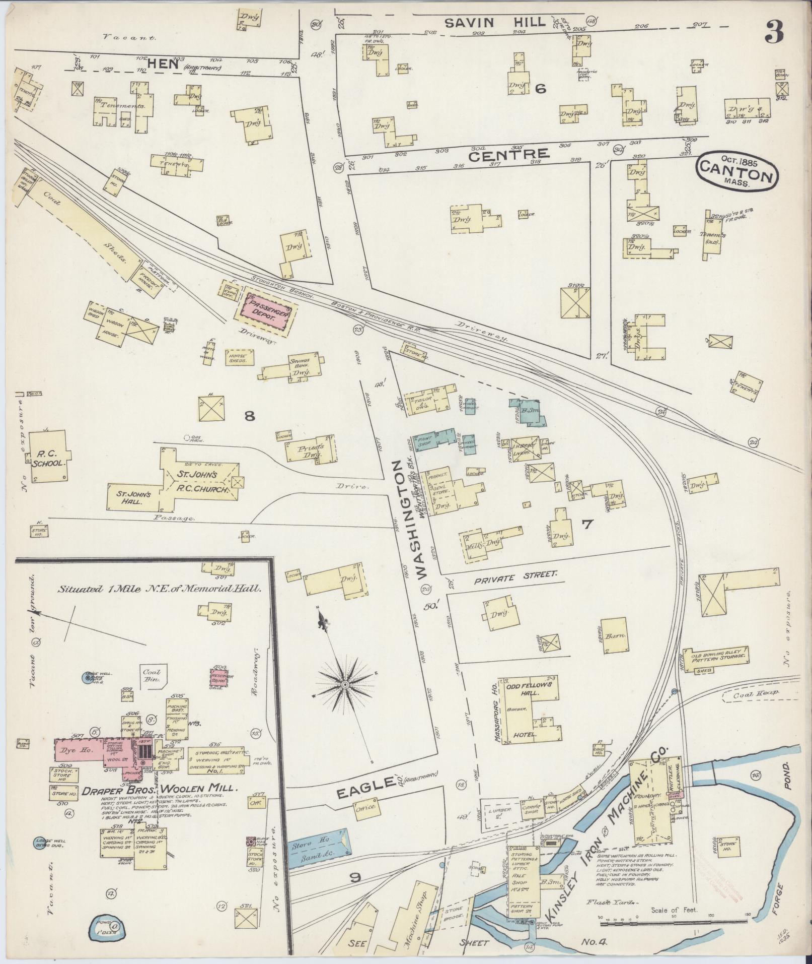 Sanborn Fire Insurance Map from Canton, Norfolk County, Massachusetts (1885), Sheet #0003 - Complete Map Set gallery image, historic Sanborn map, vintage wall art, Massachusetts Massachusetts