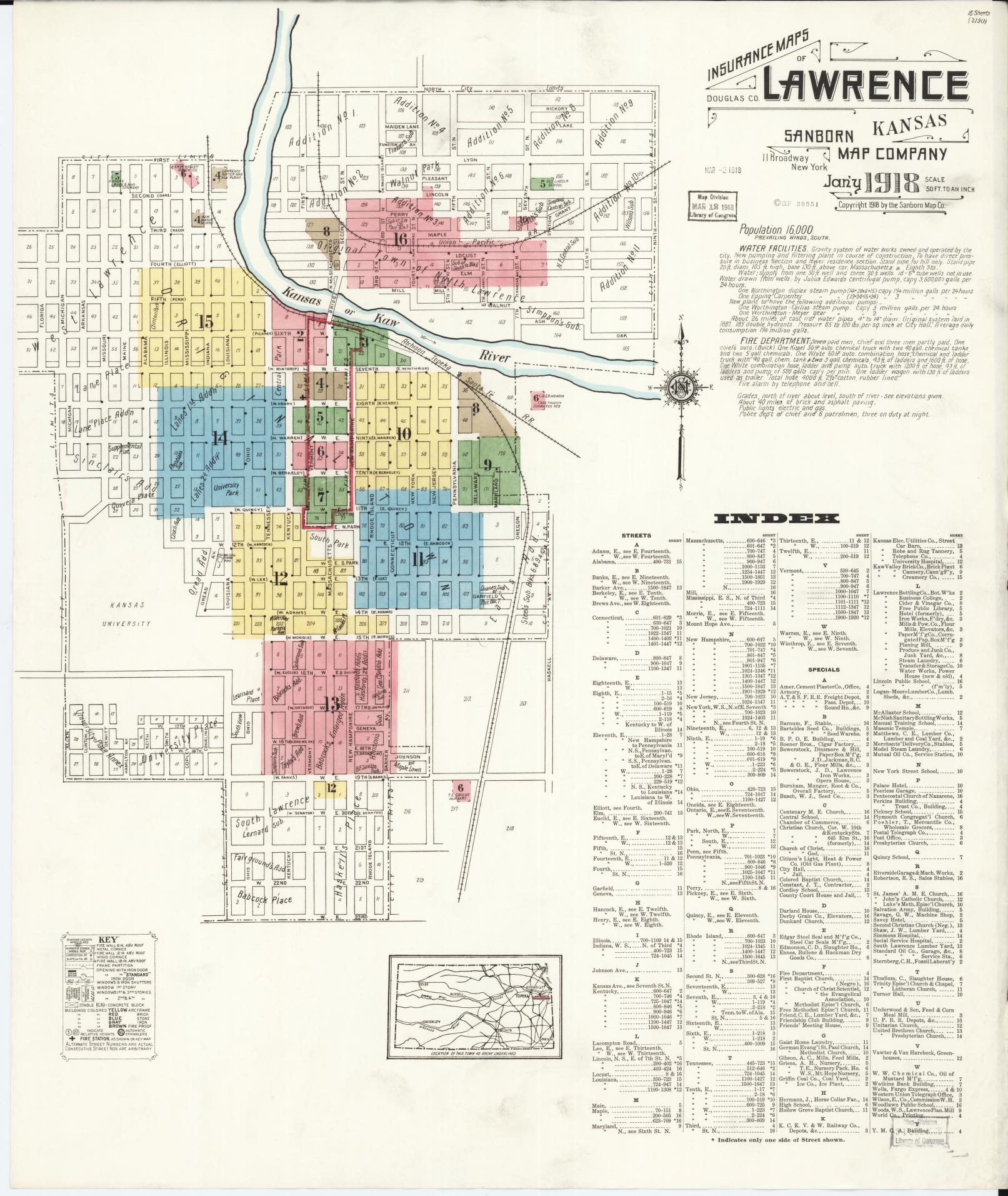 Sanborn Fire Insurance Map from Lawrence, Douglas County, Kansas (1918), Sheet #0001 - Complete Map Set gallery image, historic Sanborn map, vintage wall art, Kansas Kansas