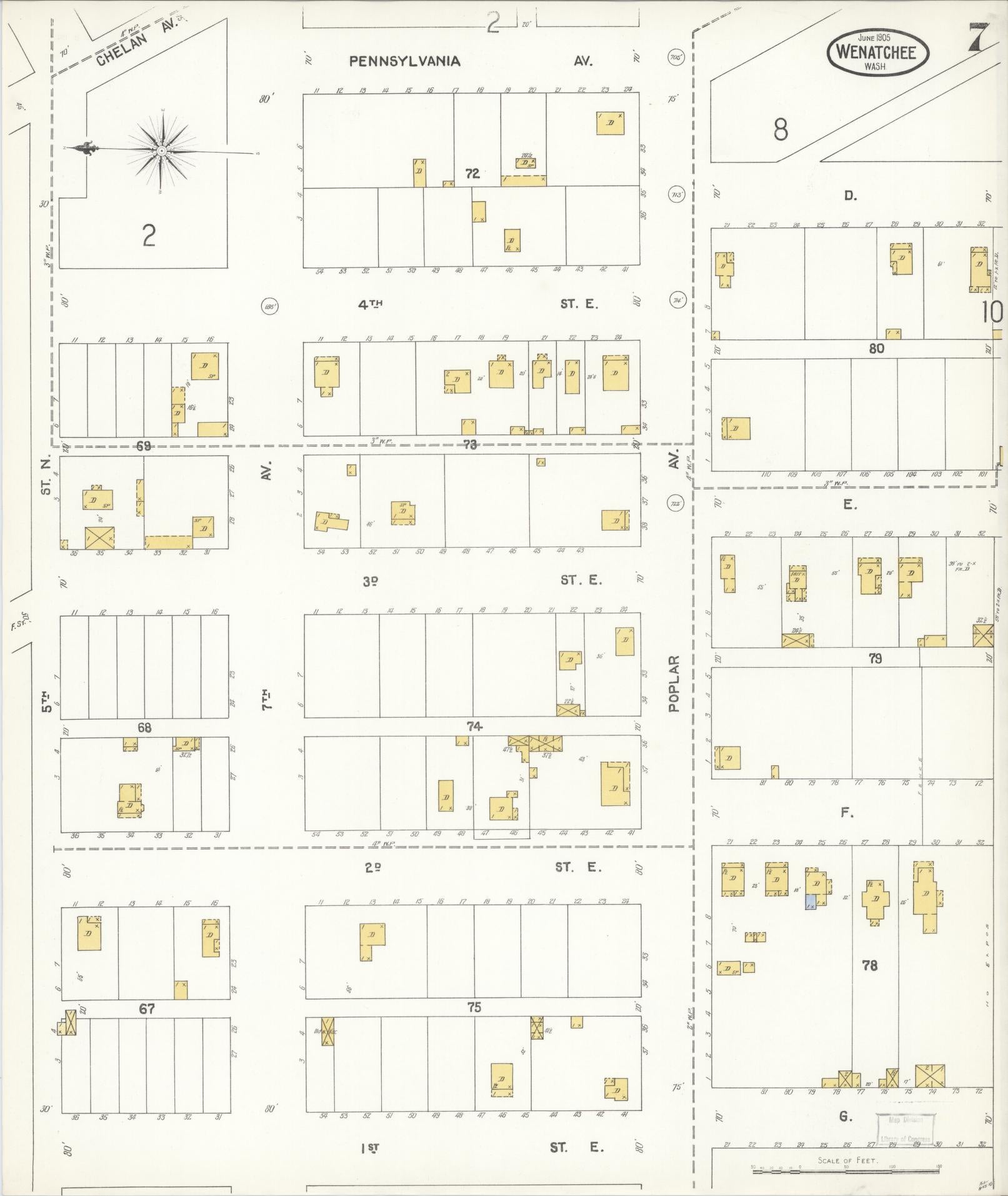 Sanborn Fire Insurance Map from Wenatchee, Chelan County, Washington (1905), Sheet #0007 - Complete Map Set gallery image, historic Sanborn map, vintage wall art, Washington Washington