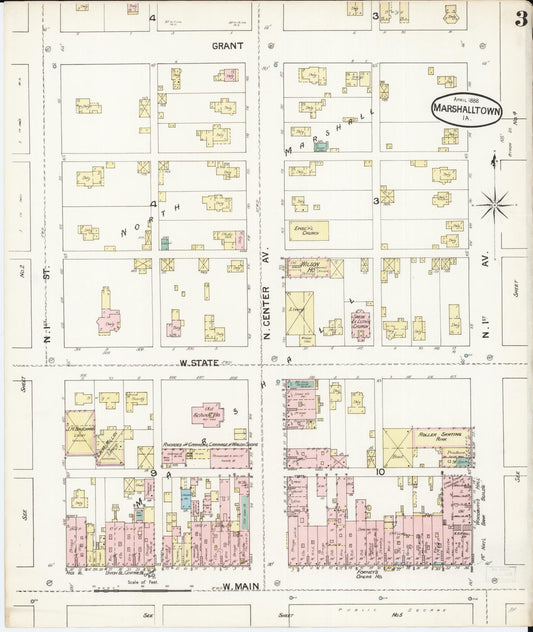 Sanborn Fire Insurance Map from Marshalltown, Marshall County, Iowa (1888), Sheet #0003 - Historic Sanborn Fire Insurance Map Print, vintage old map wall art