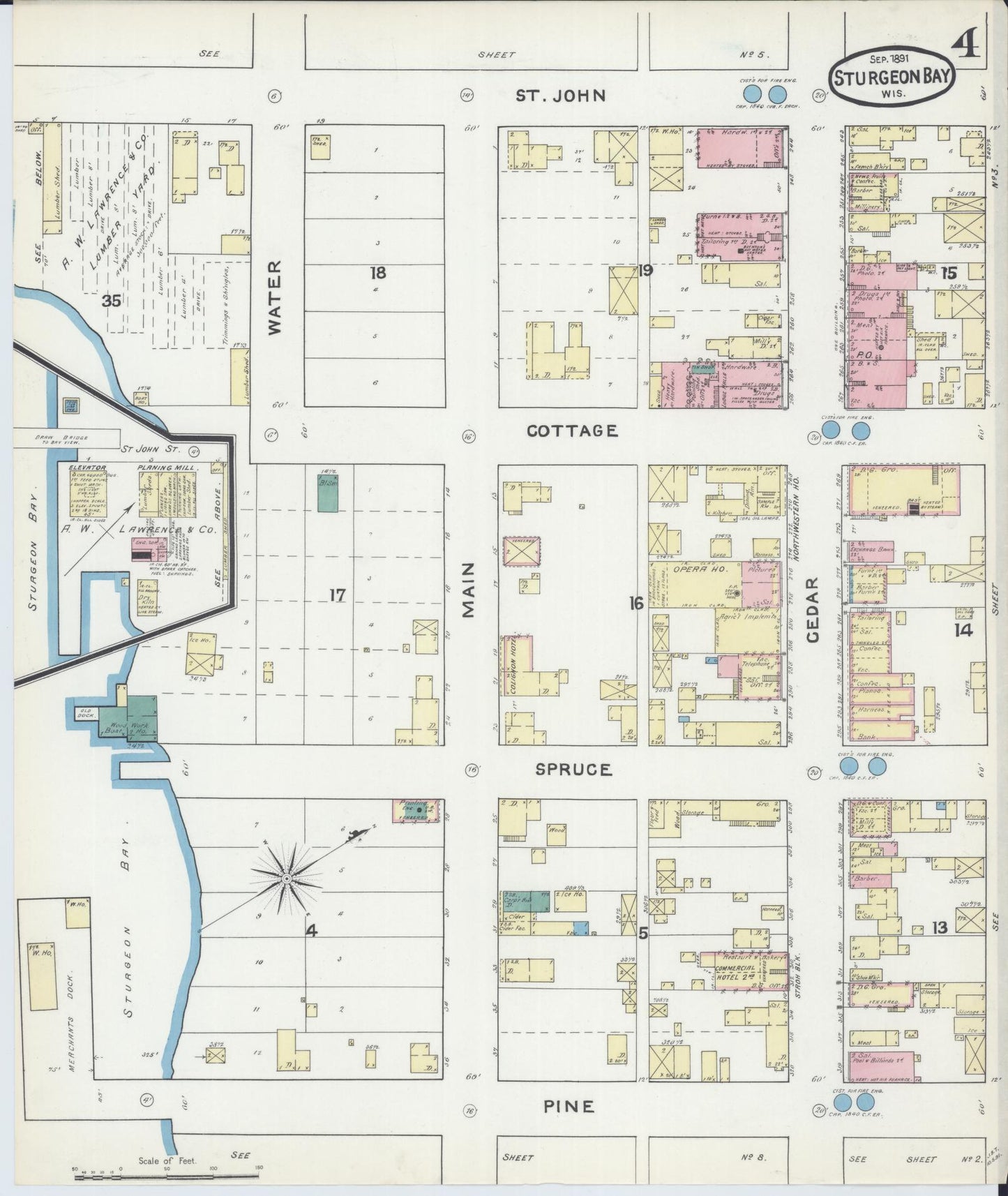 Sanborn Fire Insurance Map from Sturgeon Bay, Door County, Wisconsin (1891), Sheet #0004 - Historic Sanborn Fire Insurance Map Print, vintage old map wall art, antique decor, genealogy gift, Wisconsin Wisconsin map