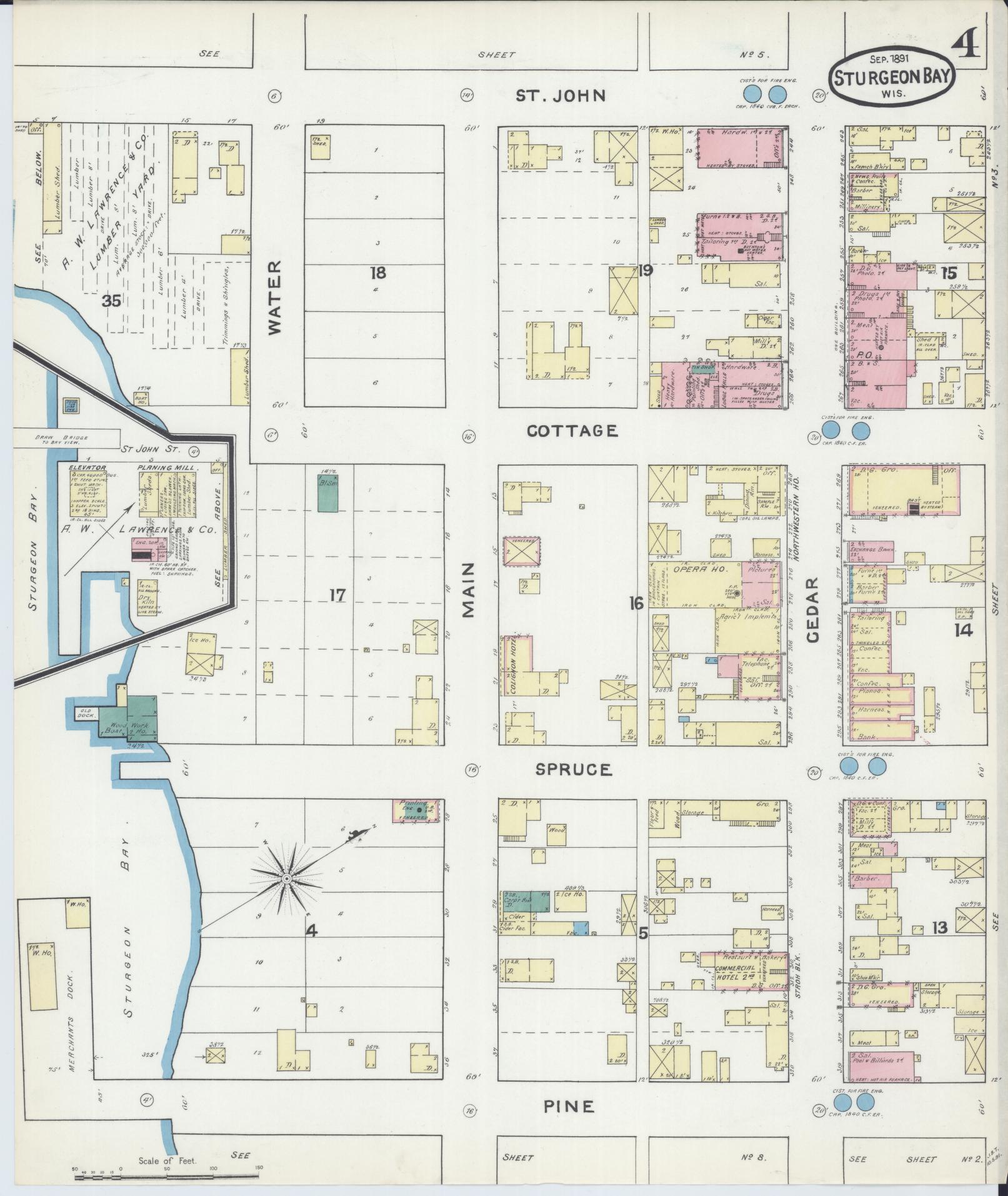 Sanborn Fire Insurance Map from Sturgeon Bay, Door County, Wisconsin (1891), Sheet #0004 - Historic Sanborn Fire Insurance Map Print, vintage old map wall art, antique decor, genealogy gift, Wisconsin Wisconsin map