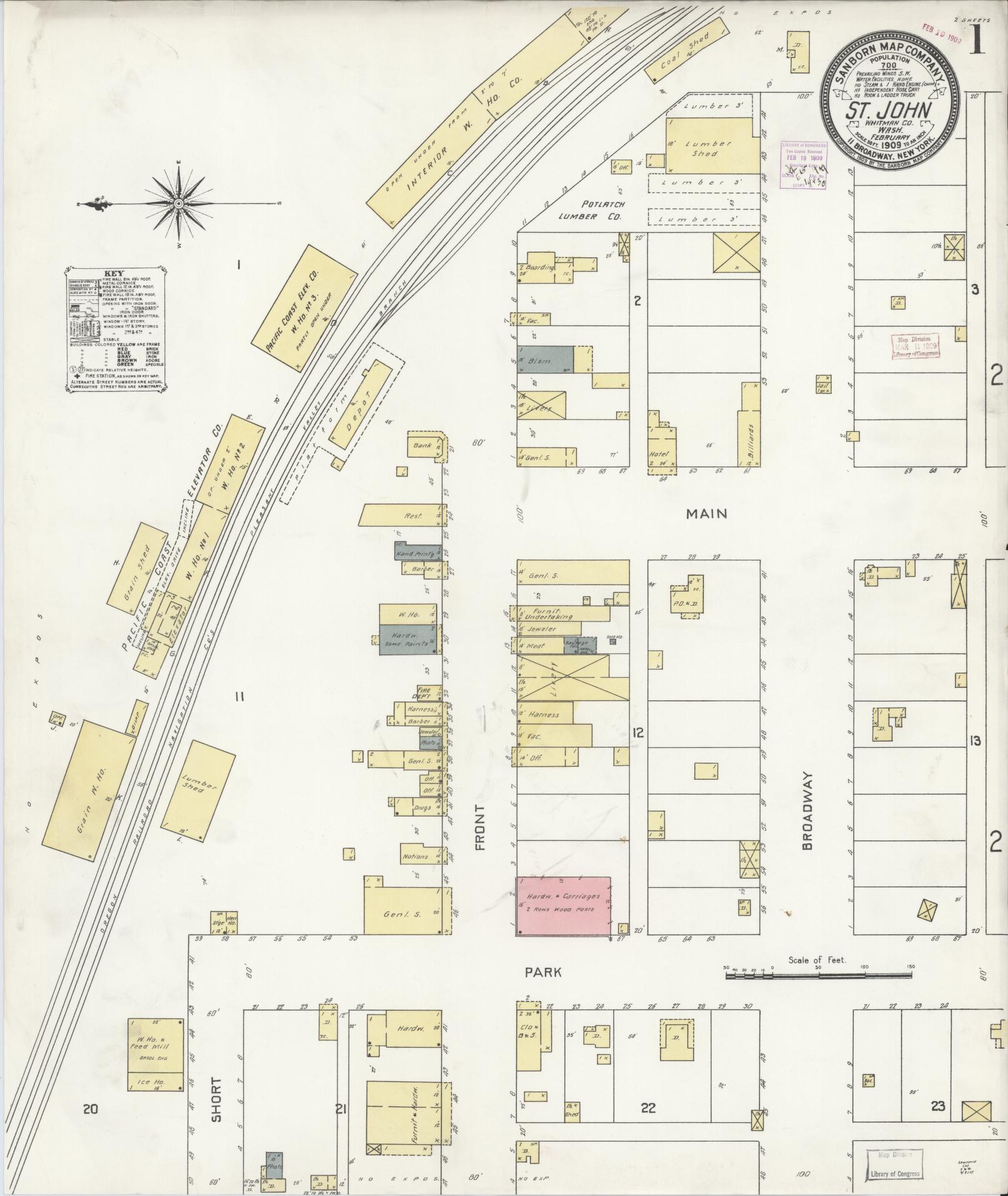 Sanborn Fire Insurance Map from Saint John, Whitman County, Washington (1909), Sheet #0001 - Historic Sanborn Fire Insurance Map Print, vintage old map wall art, antique decor, genealogy gift, Washington Washington map