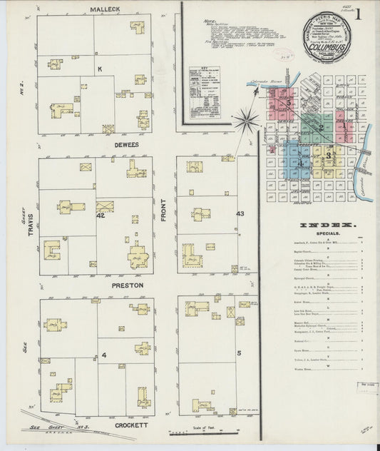 Sanborn Fire Insurance Map from Columbus, Colorado County, Texas (1890), Sheet #0001 - Historic Sanborn Fire Insurance Map Print, vintage old map wall art, antique decor, genealogy gift, Texas Texas map