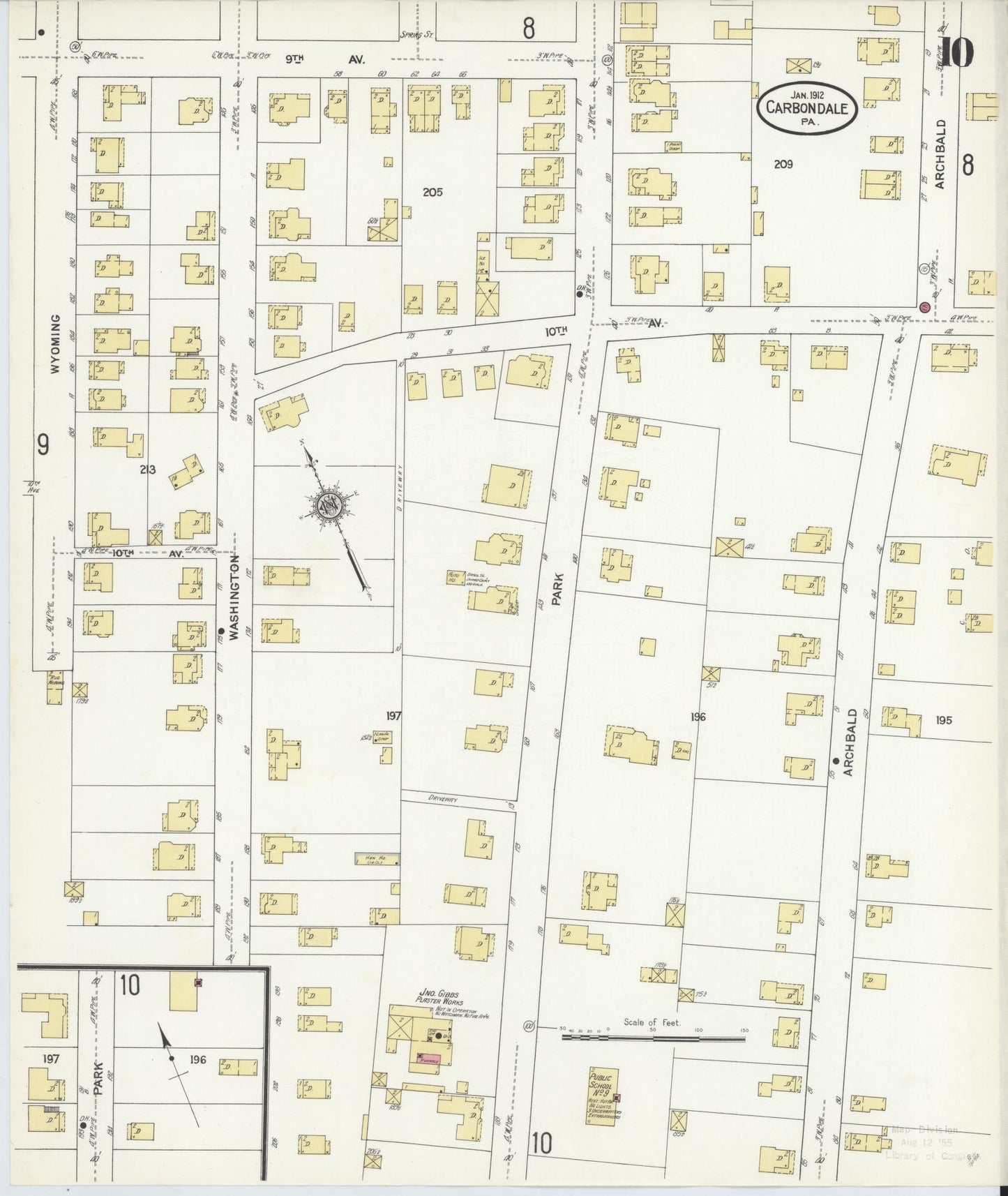 Sanborn Fire Insurance Map from Carbondale, Lackawanna County, Pennsylvania (1912), Sheet #0010 - Historic Sanborn Fire Insurance Map Print, vintage old map wall art, antique decor, genealogy gift, Pennsylvania Pennsylvania map