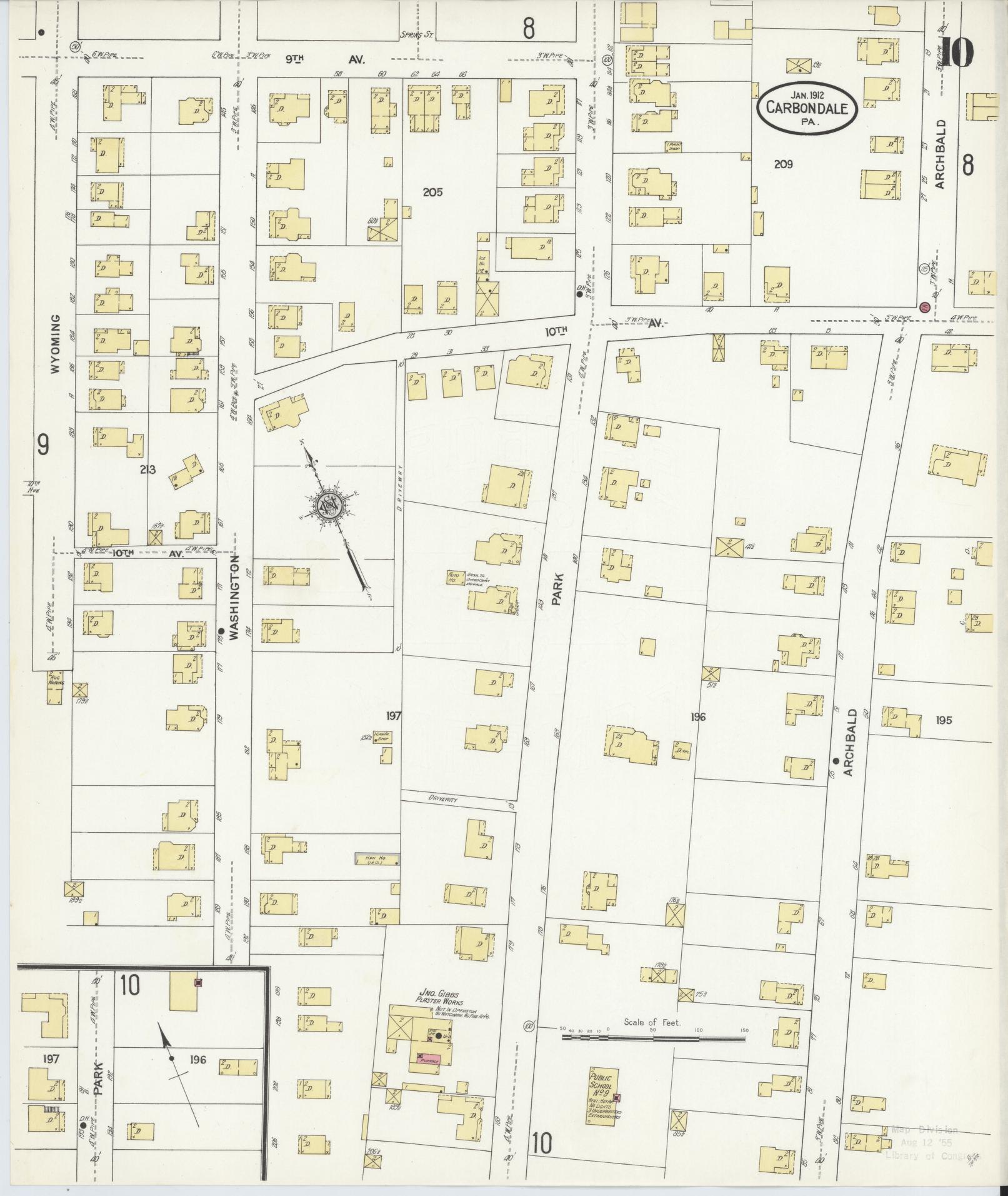 Sanborn Fire Insurance Map from Carbondale, Lackawanna County, Pennsylvania (1912), Sheet #0010 - Historic Sanborn Fire Insurance Map Print, vintage old map wall art, antique decor, genealogy gift, Pennsylvania Pennsylvania map