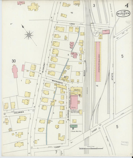 Sanborn Fire Insurance Map from Meriden, New Haven County, Connecticut (1896), Sheet #0004 - Historic Sanborn Fire Insurance Map Print, vintage old map wall art, antique decor, genealogy gift, Connecticut Connecticut map