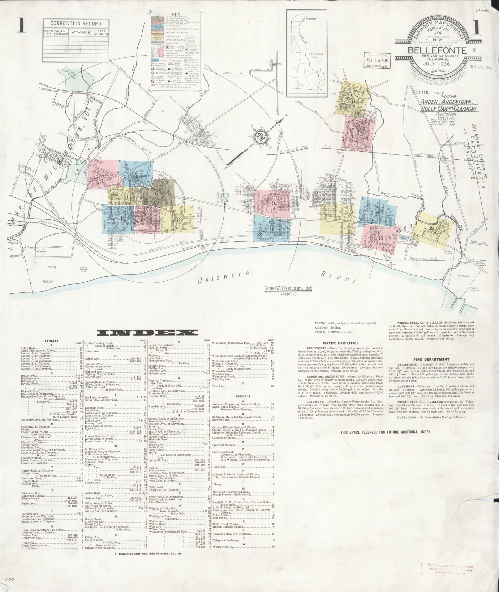 Sanborn Fire Insurance Map from Bellefonte, New Castle County, Delaware (1936), Sheet #0001 - Historic Sanborn Fire Insurance Map Print, vintage old map wall art, antique decor, genealogy gift, Delaware Delaware map