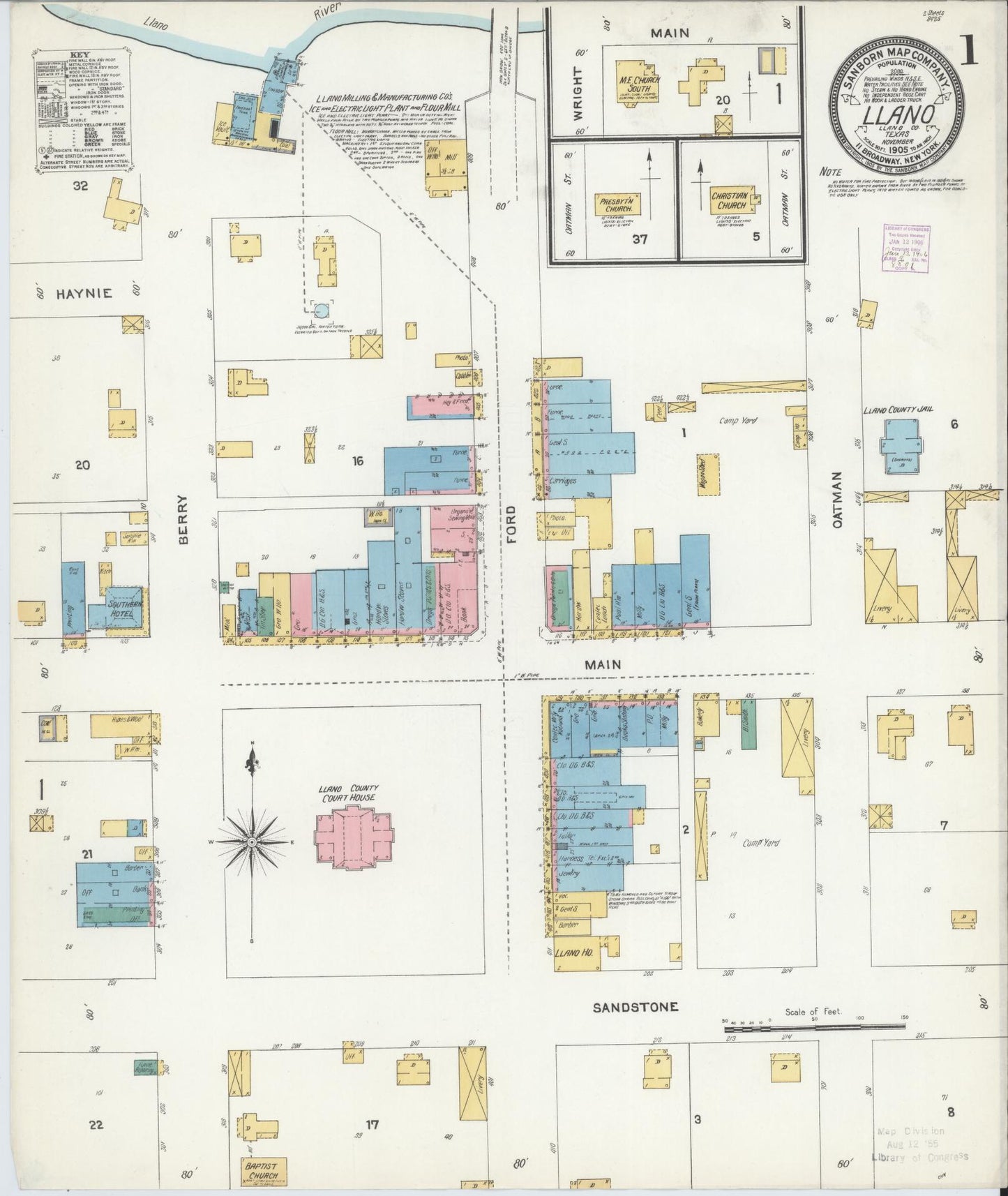 Sanborn Fire Insurance Map from Llano, Llano County, Texas (1905), Sheet #0001 - Historic Sanborn Fire Insurance Map Print, vintage old map wall art, antique decor, genealogy gift, Texas Texas map
