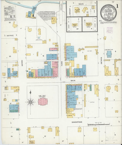 Sanborn Fire Insurance Map from Llano, Llano County, Texas (1905), Sheet #0001 - Historic Sanborn Fire Insurance Map Print, vintage old map wall art, antique decor, genealogy gift, Texas Texas map