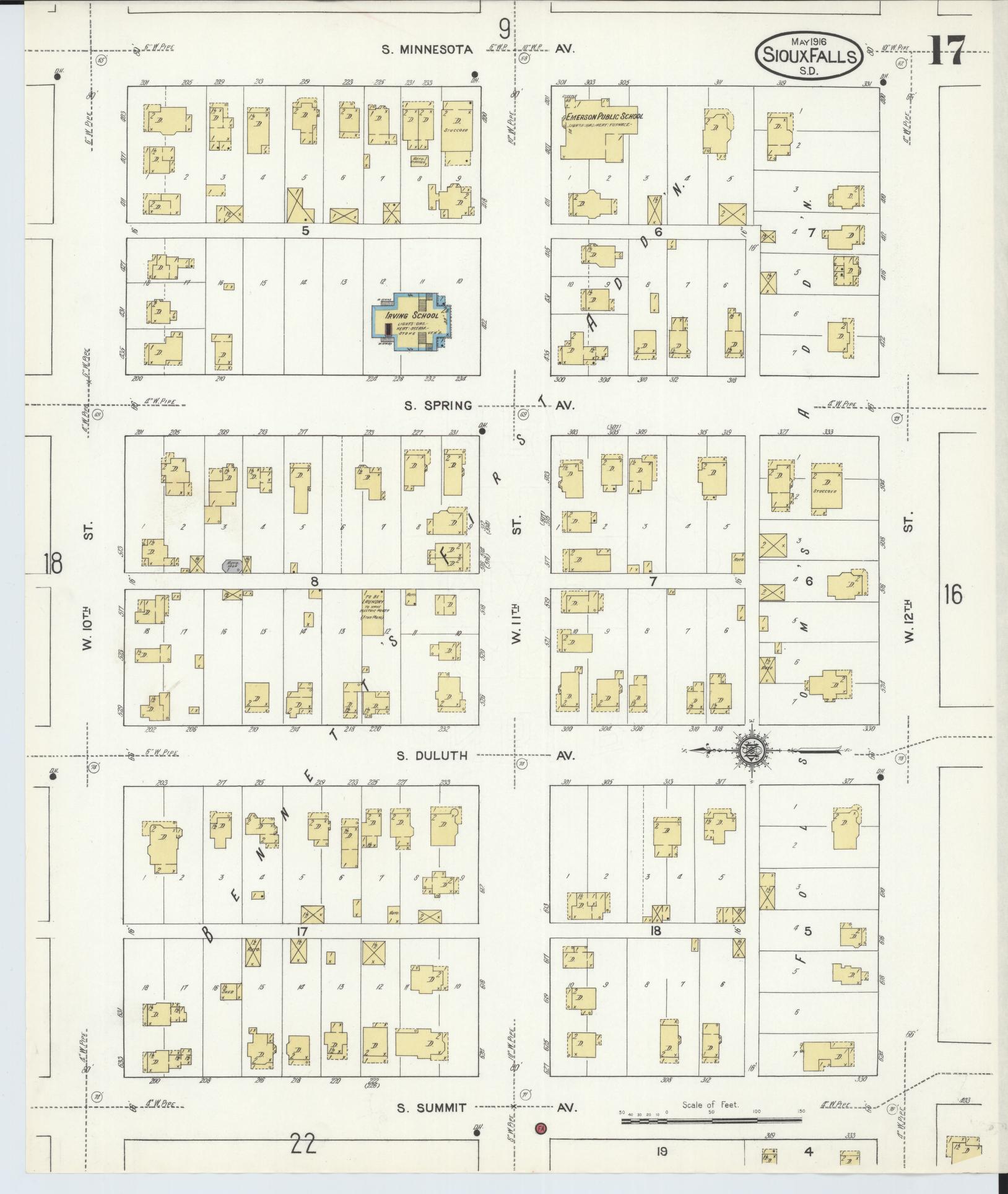 Sanborn Fire Insurance Map from Sioux Falls, Minnehaha County, South Dakota (1916), Sheet #0017 - Historic Sanborn Fire Insurance Map Print, vintage old map wall art, antique decor, genealogy gift, South Dakota South Dakota map