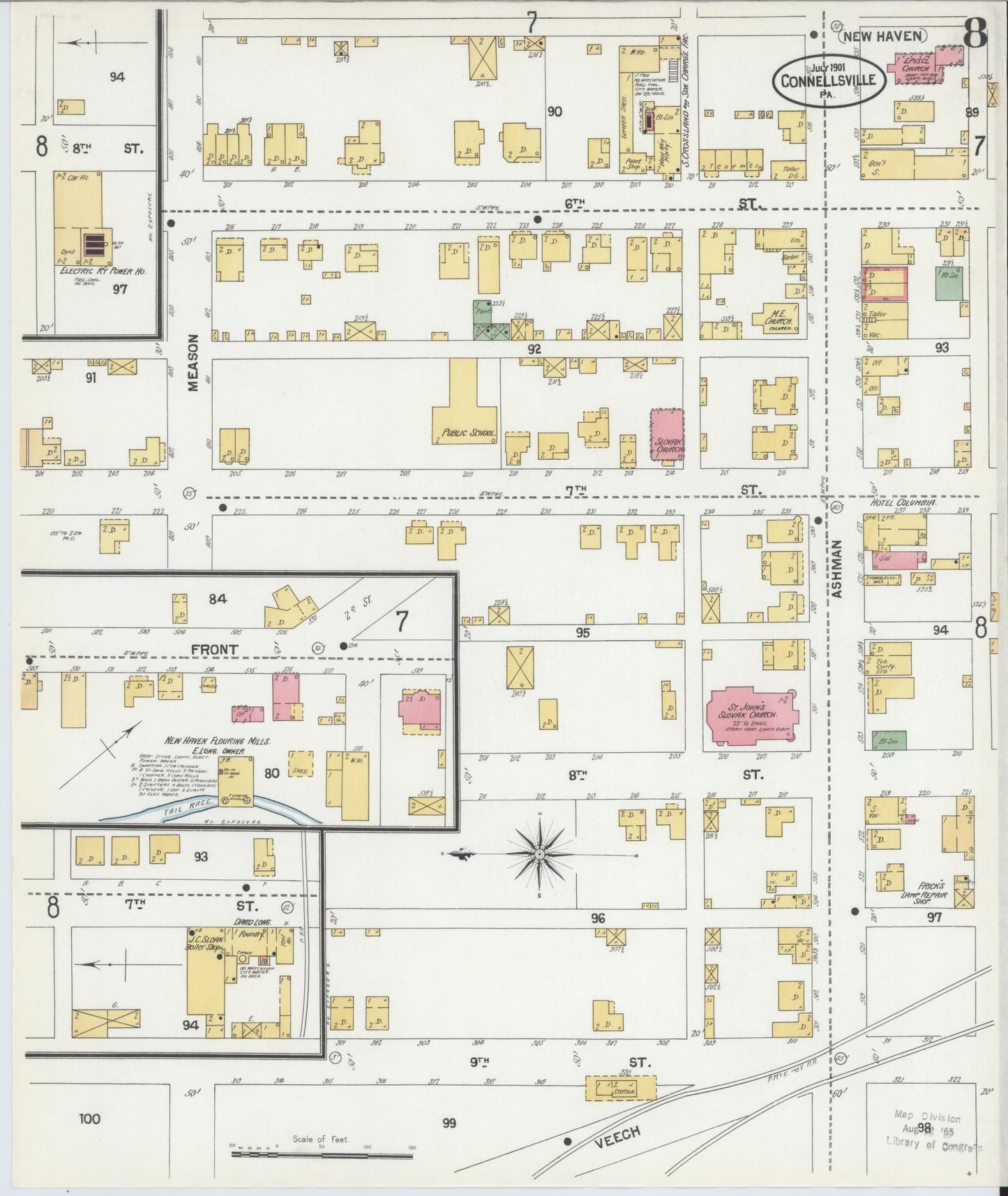 Sanborn Fire Insurance Map from Connellsville, Fayette County, Pennsylvania (1901), Sheet #0008 - Historic Sanborn Fire Insurance Map Print, vintage old map wall art, antique decor, genealogy gift, Pennsylvania Pennsylvania map