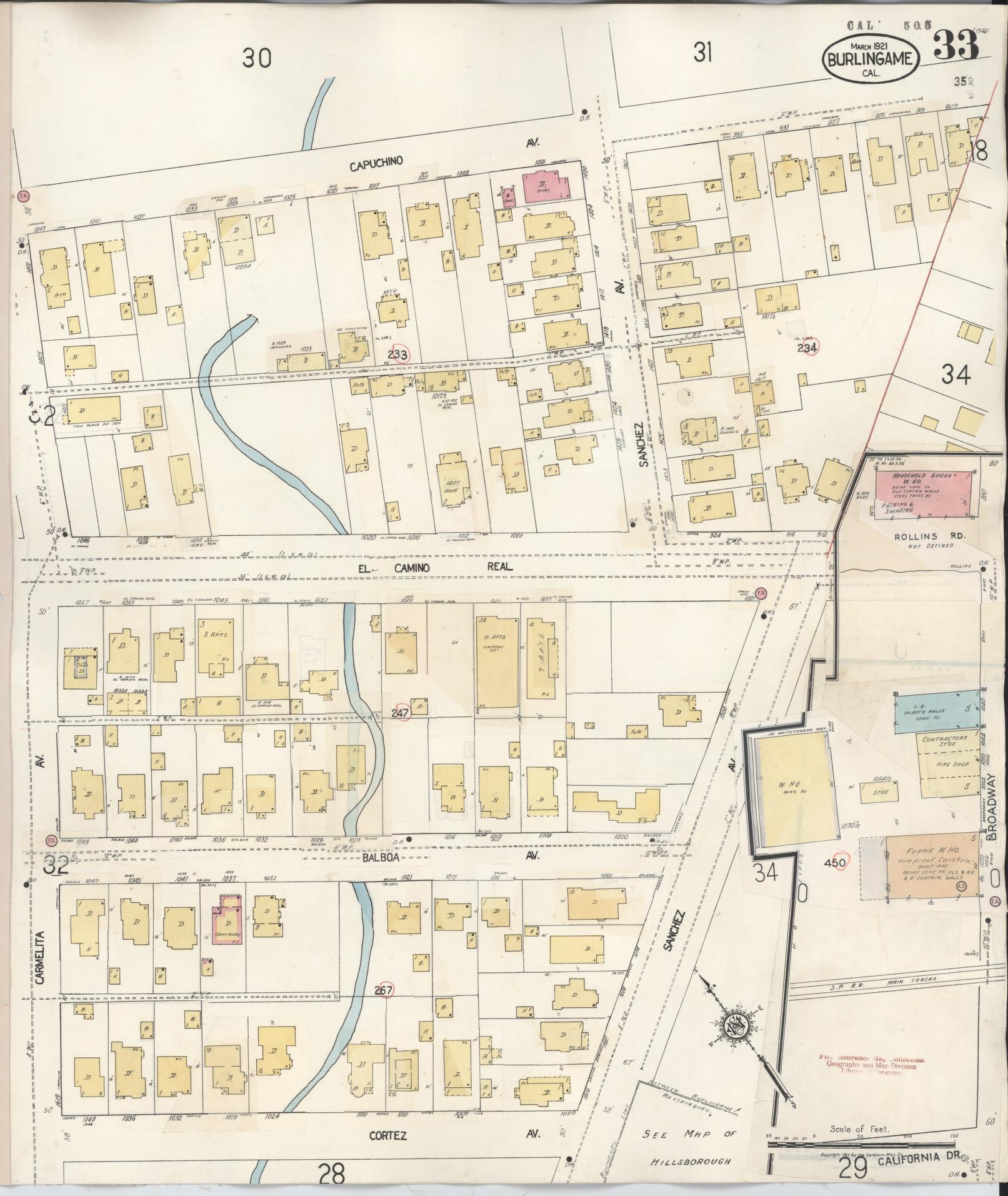 Sanborn Fire Insurance Map from Burlingame, San Mateo County, California (1949), Sheet #0033 - Historic Sanborn Fire Insurance Map Print, vintage old map wall art, antique decor, genealogy gift, California California map