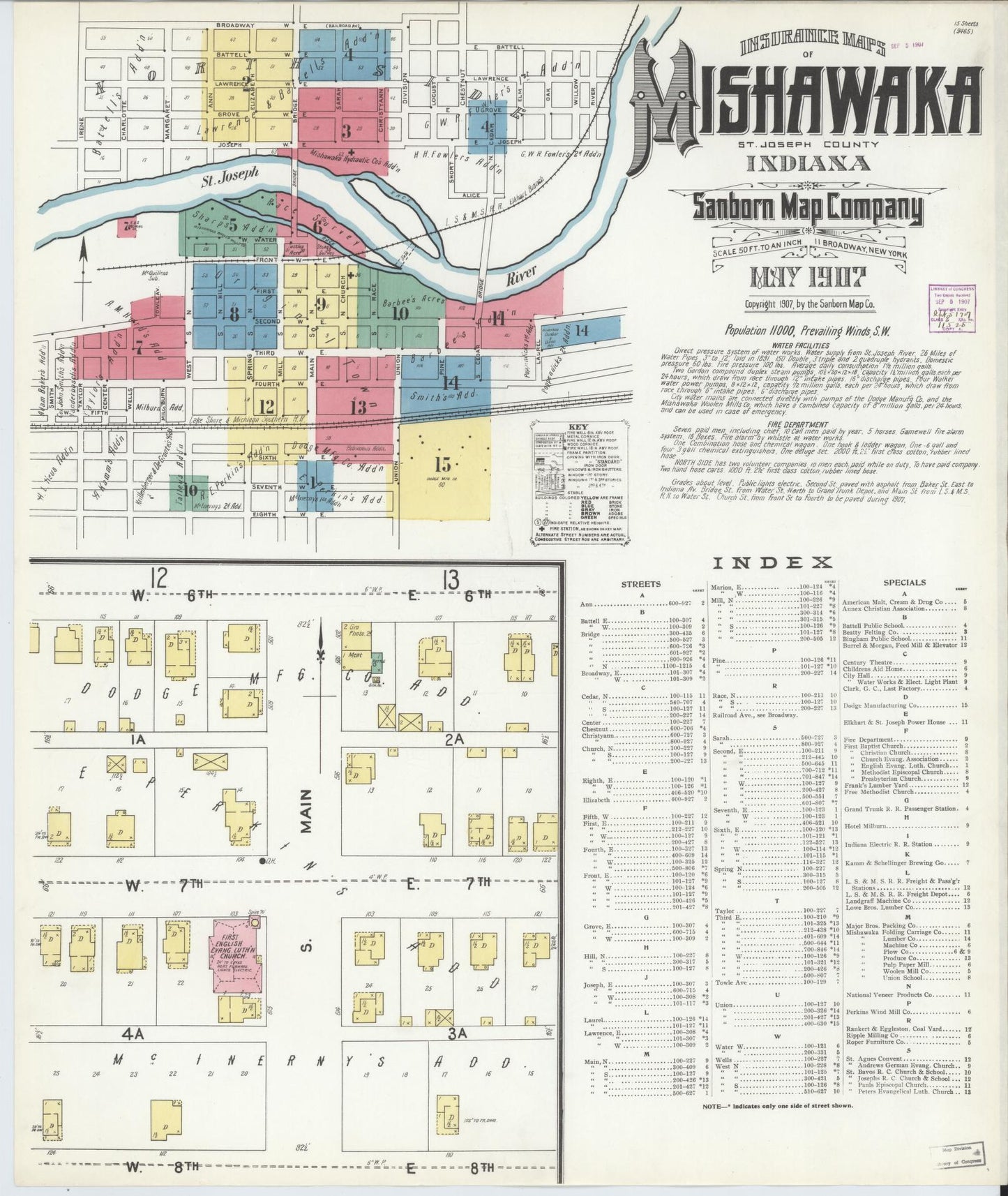 Sanborn Fire Insurance Map from Mishawaka, Saint Joseph County, Indiana. (1907) – Historic Sanborn Fire Insurance Map Print