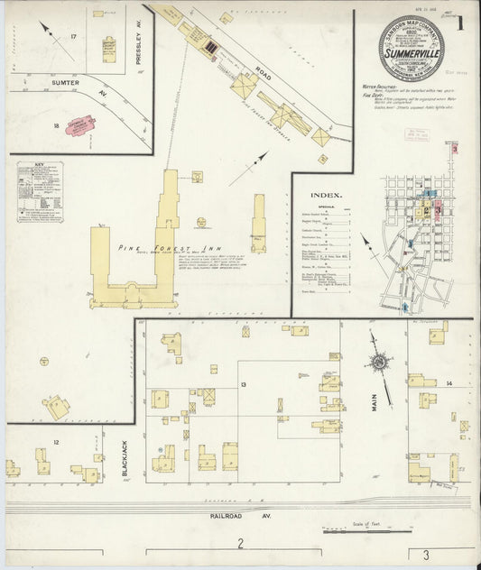 Sanborn Fire Insurance Map from Summerville, Dorchester County, South Carolina (1912), Sheet #0001 - Historic Sanborn Fire Insurance Map Print, vintage old map wall art, antique decor, genealogy gift, South Carolina South Carolina map