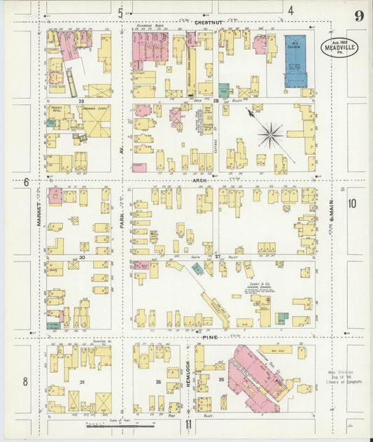 Sanborn Fire Insurance Map from Meadville, Crawford County, Pennsylvania (1905), Sheet #0009 - Historic Sanborn Fire Insurance Map Print, vintage old map wall art, antique decor, genealogy gift, Pennsylvania Pennsylvania map