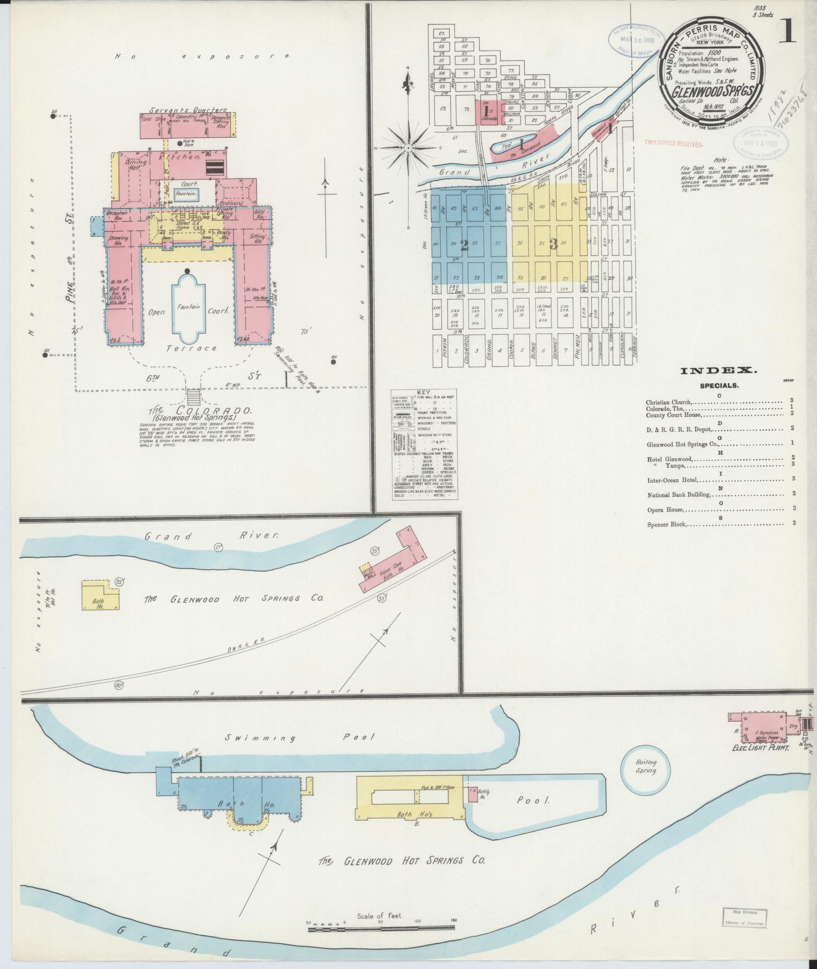 Sanborn Fire Insurance Map from Glenwood Springs, Garfield County, Colorado (1898), Sheet #0001 - Historic Sanborn Fire Insurance Map Print, vintage old map wall art, antique decor, genealogy gift, Colorado Colorado map