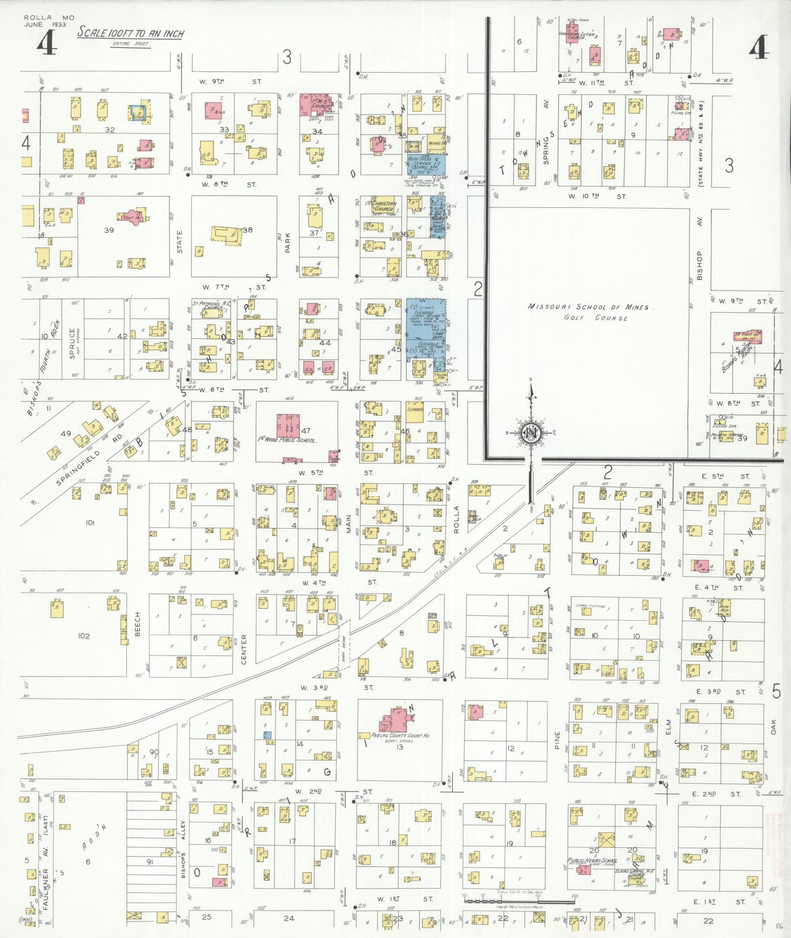 Sanborn Fire Insurance Map from Rolla, Phelps County, Missouri (1933), Sheet #0004 - Historic Sanborn Fire Insurance Map Print, vintage old map wall art, antique decor, genealogy gift, Missouri Missouri map