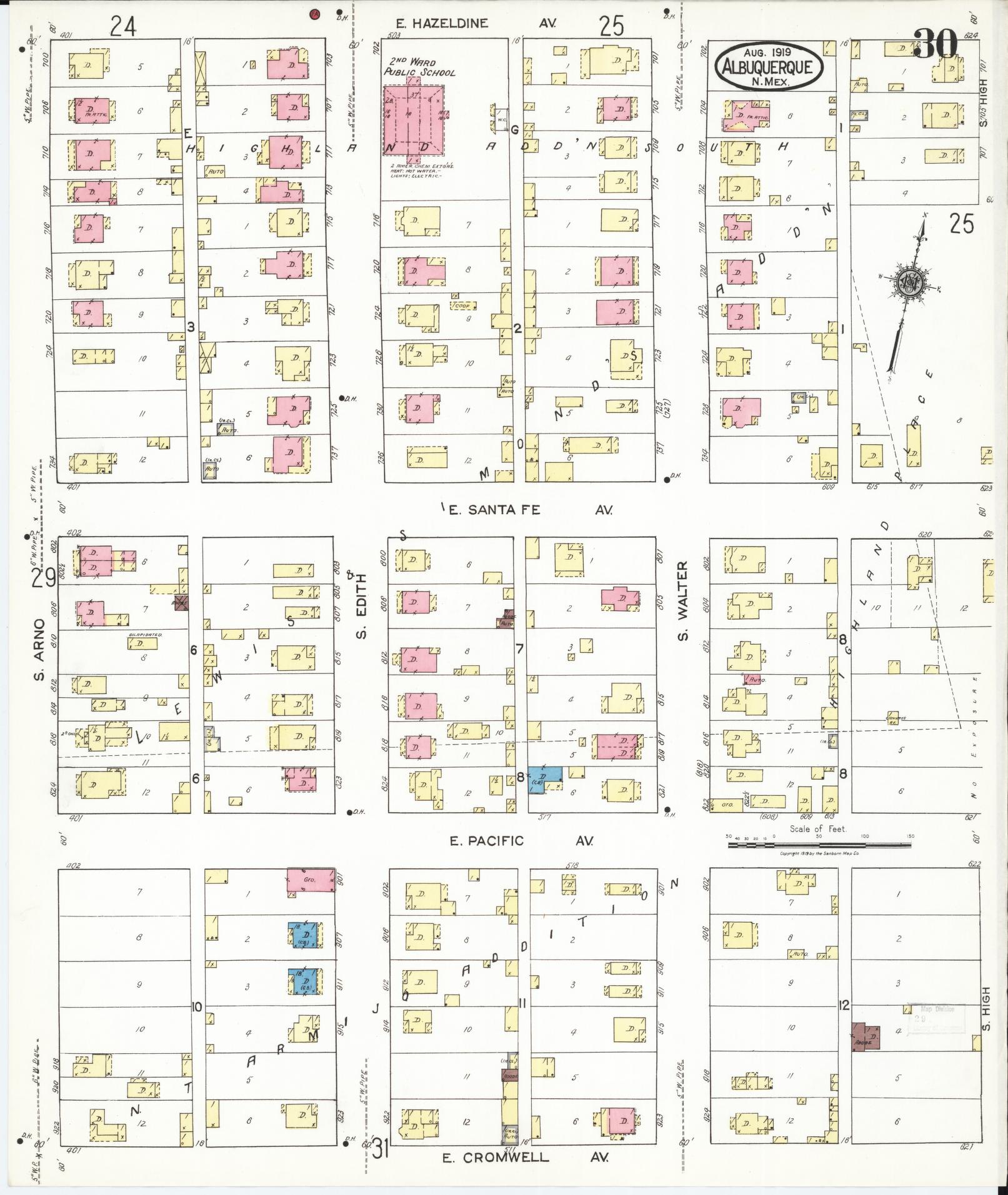 Sanborn Fire Insurance Map from Albuquerque, Bernalillo County, New Mexico (1919), Sheet #0030 - Historic Sanborn Fire Insurance Map Print, vintage old map wall art, antique decor, genealogy gift, New Mexico New Mexico map