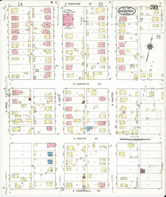 Sanborn Fire Insurance Map from Albuquerque, Bernalillo County, New Mexico (1919), Sheet #0030 - Historic Sanborn Fire Insurance Map Print, vintage old map wall art, antique decor, genealogy gift, New Mexico New Mexico map