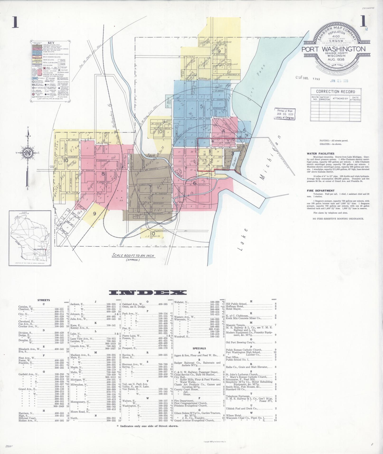 Sanborn Fire Insurance Map from Port Washington, Ozaukee County, Wisconsin (1938), Sheet #0001 - Historic Sanborn Fire Insurance Map Print, vintage old map wall art, antique decor, genealogy gift, Wisconsin Wisconsin map