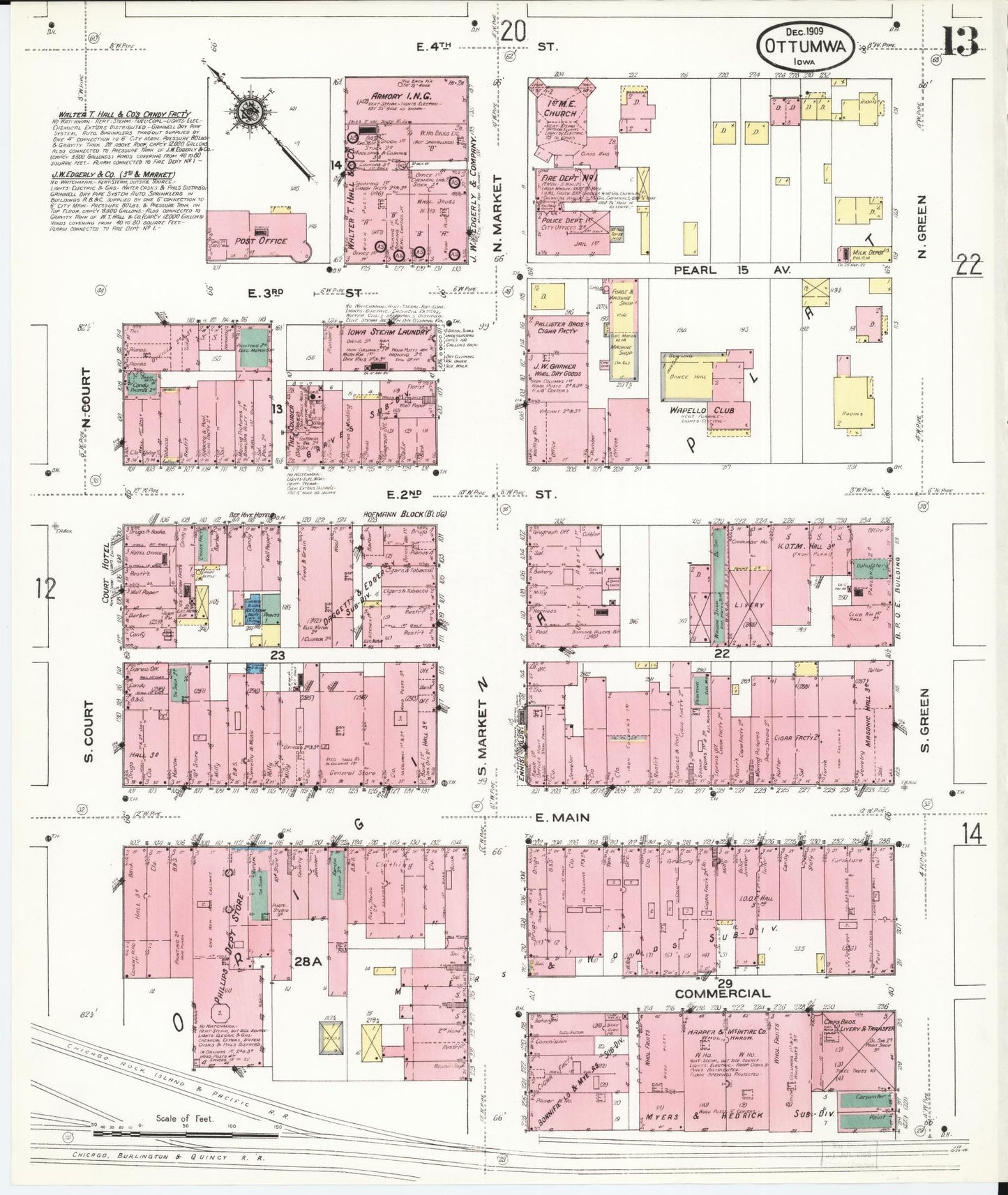 Sanborn Fire Insurance Map from Ottumwa, Wapello County, Iowa (1909), Sheet #0013 - Historic Sanborn Fire Insurance Map Print, vintage old map wall art