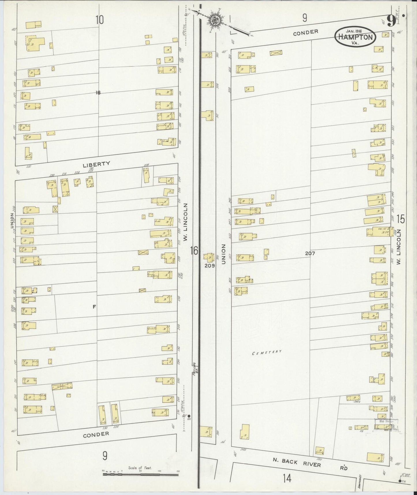 Sanborn Fire Insurance Map from Hampton, Independent Cities, Virginia (1916), Sheet #0009 - Complete Map Set gallery image, historic Sanborn map, vintage wall art, Virginia Virginia