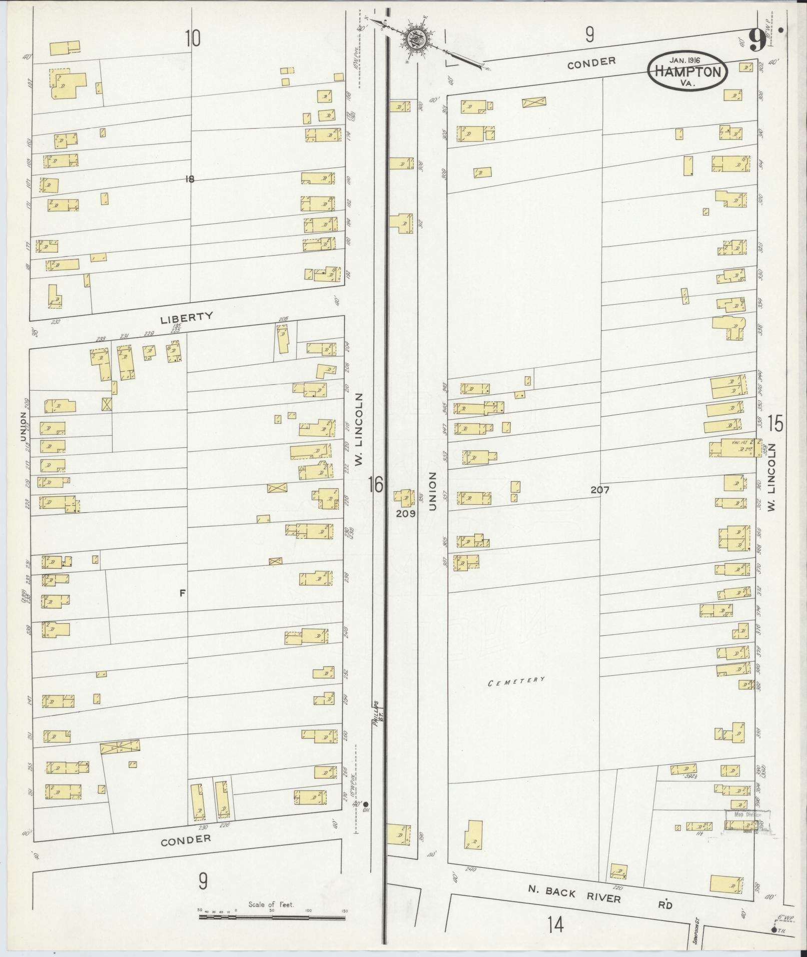 Sanborn Fire Insurance Map from Hampton, Independent Cities, Virginia (1916), Sheet #0009 - Complete Map Set gallery image, historic Sanborn map, vintage wall art, Virginia Virginia