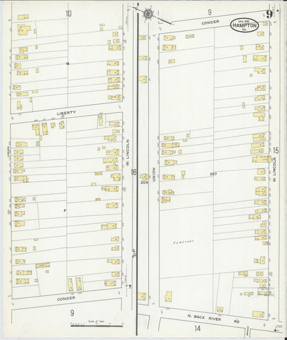 Sanborn Fire Insurance Map from Hampton, Independent Cities, Virginia (1916), Sheet #0009 - Complete Map Set gallery image, historic Sanborn map, vintage wall art, Virginia Virginia