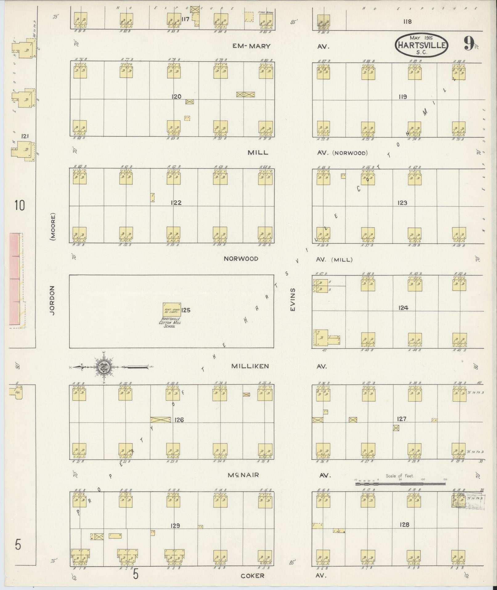 Sanborn Fire Insurance Map from Hartsville, Darlington County, South Carolina (1915), Sheet #0009 - Complete Map Set gallery image, historic Sanborn map, vintage wall art, South Carolina South Carolina