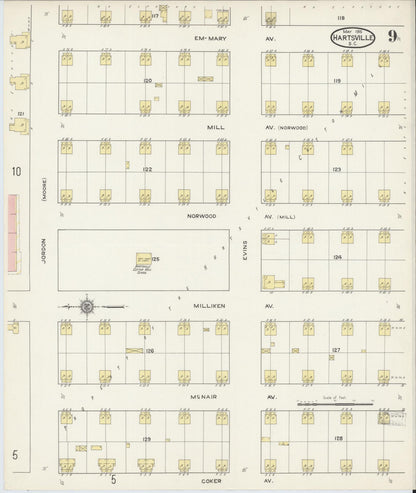 Sanborn Fire Insurance Map from Hartsville, Darlington County, South Carolina (1915), Sheet #0009 - Complete Map Set gallery image, historic Sanborn map, vintage wall art, South Carolina South Carolina