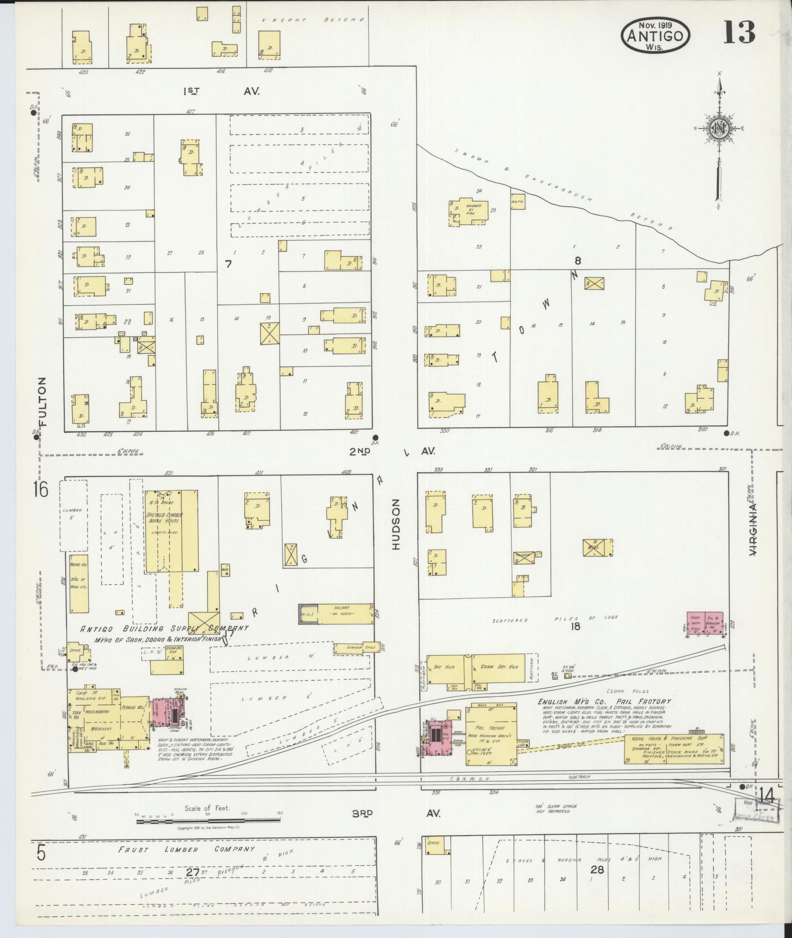 Sanborn Fire Insurance Map from Antigo, Langlade County, Wisconsin (1919), Sheet #0013 - Complete Map Set gallery image, historic Sanborn map, vintage wall art, Wisconsin Wisconsin