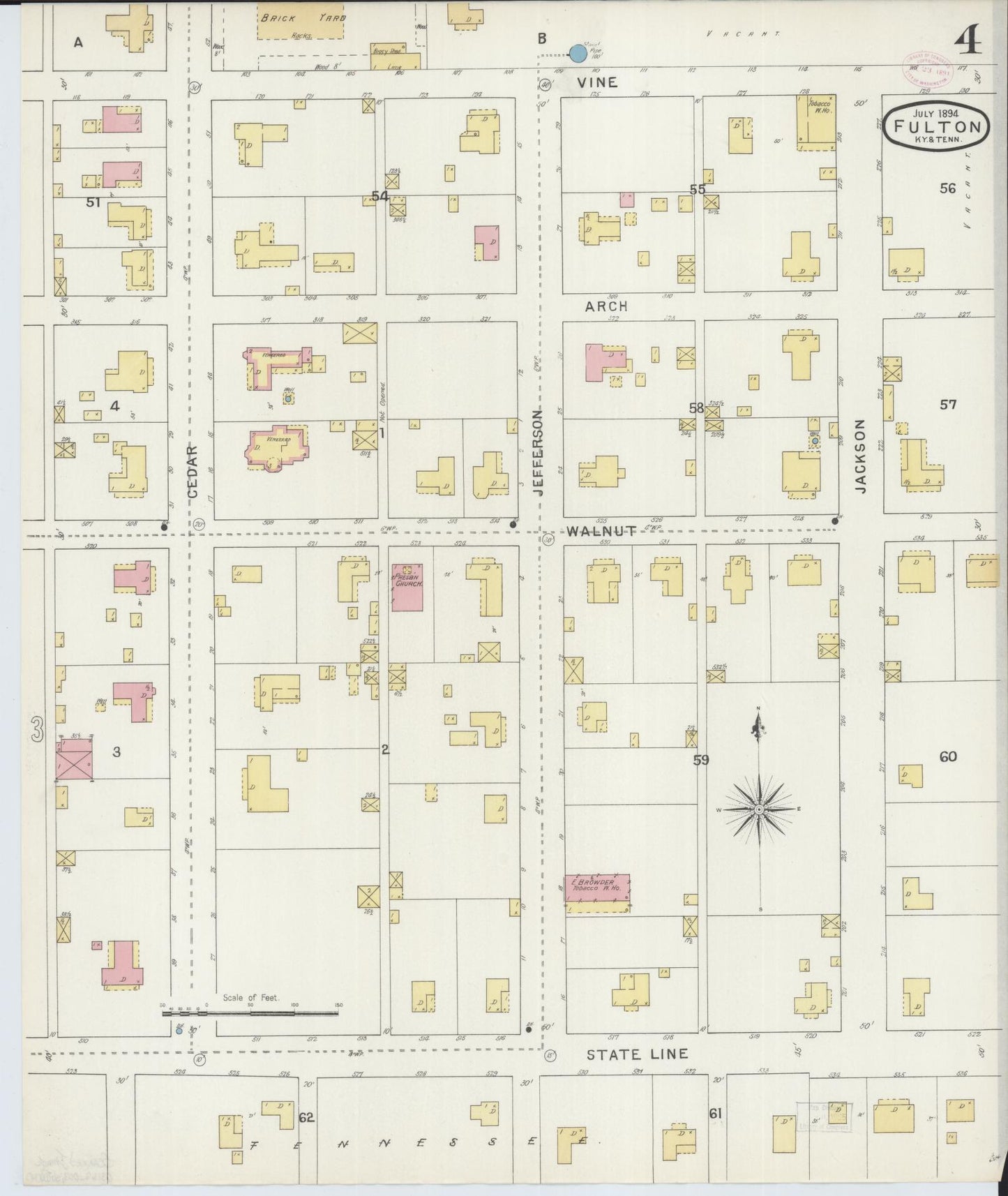 Sanborn Fire Insurance Map from Fulton, Fulton County, Kentucky (1894), Sheet #0004 - Complete Map Set gallery image, historic Sanborn map, vintage wall art, Tennessee Tennessee