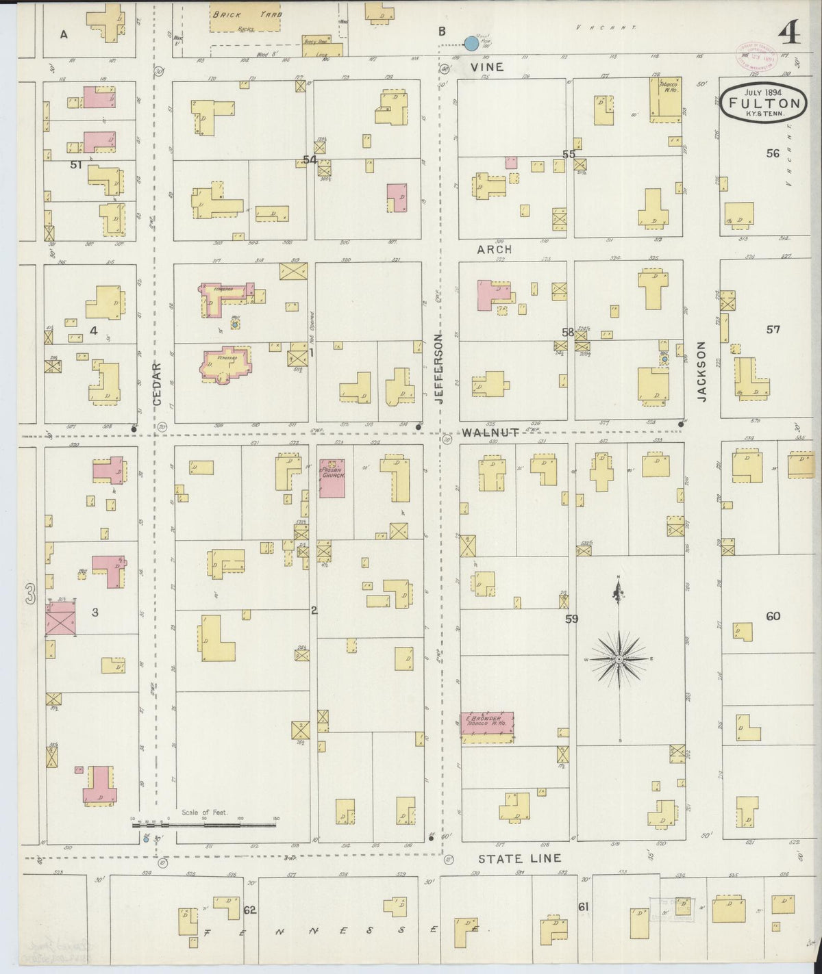 Sanborn Fire Insurance Map from Fulton, Fulton County, Kentucky (1894), Sheet #0004 - Complete Map Set gallery image, historic Sanborn map, vintage wall art, Tennessee Tennessee