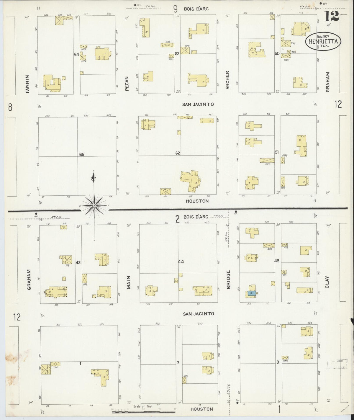 Sanborn Fire Insurance Map from Henrietta, Clay County, Texas (1907), Sheet #0012 - Historic Sanborn Fire Insurance Map Print, vintage old map wall art, antique decor, genealogy gift, Texas Texas map