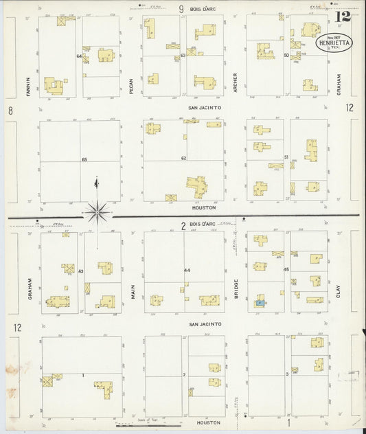 Sanborn Fire Insurance Map from Henrietta, Clay County, Texas (1907), Sheet #0012 - Historic Sanborn Fire Insurance Map Print, vintage old map wall art, antique decor, genealogy gift, Texas Texas map