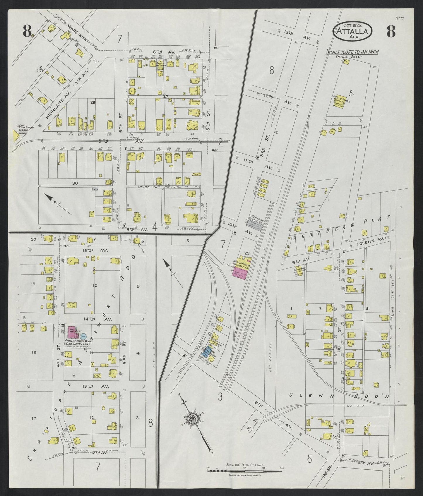 Sanborn Fire Insurance Map from Attalla, Etowah County, Alabama (1925), Sheet #0008 - Complete Map Set gallery image, historic Sanborn map, vintage wall art, Alabama Alabama