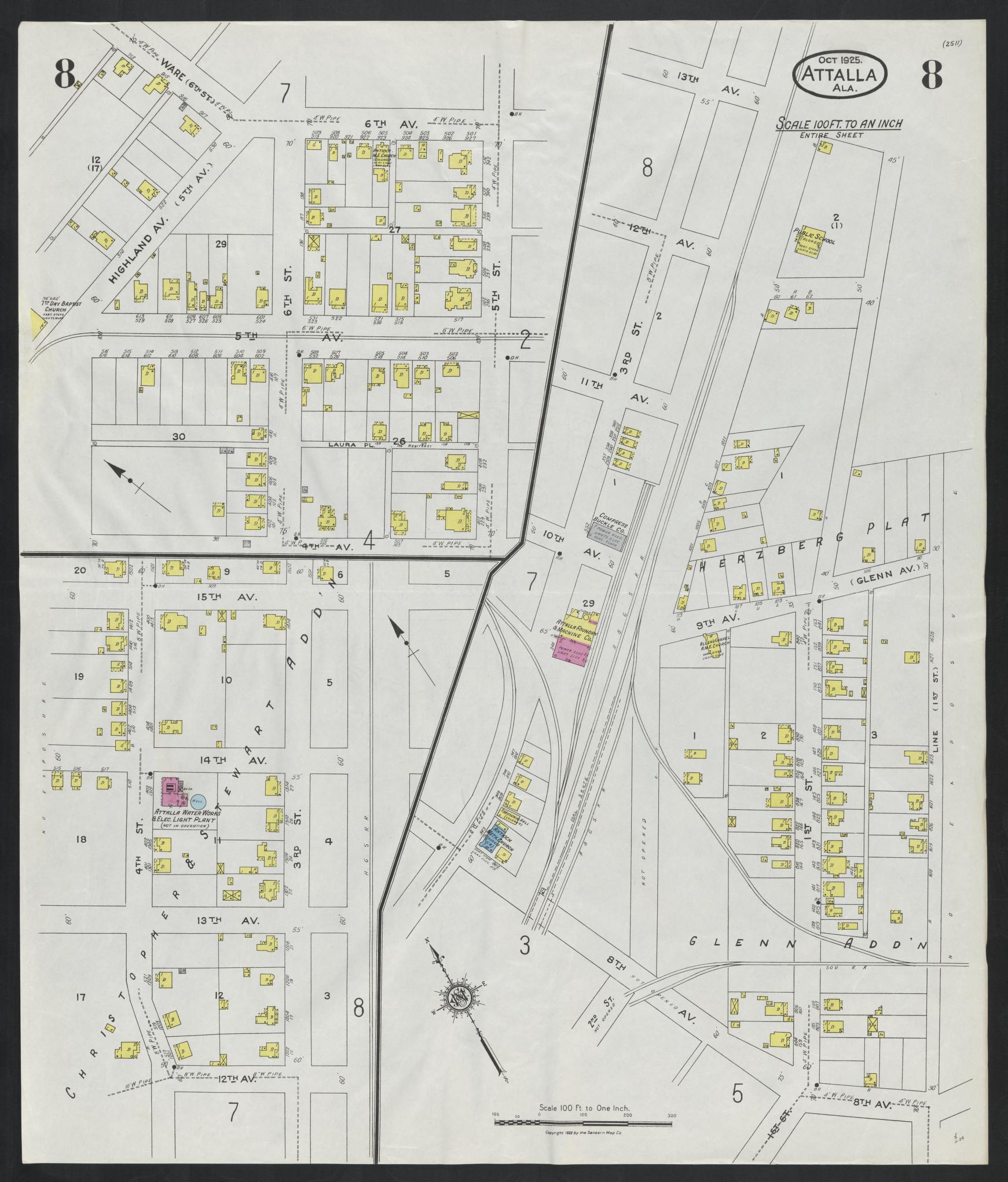 Sanborn Fire Insurance Map from Attalla, Etowah County, Alabama (1925), Sheet #0008 - Complete Map Set gallery image, historic Sanborn map, vintage wall art, Alabama Alabama