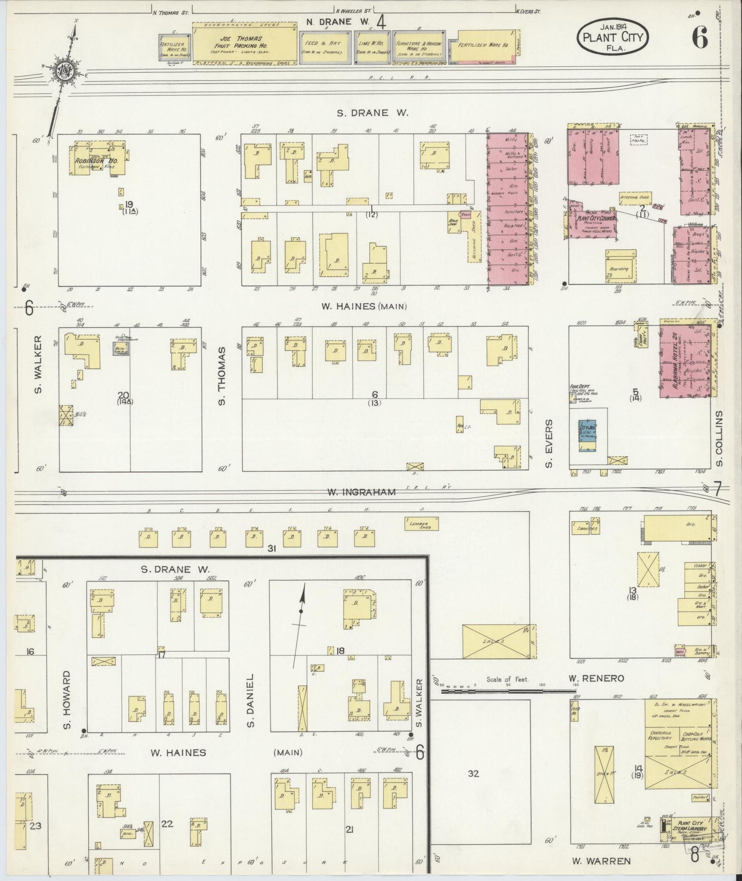 Sanborn Fire Insurance Map from Plant City, Hillborough County, Florida (1914), Sheet #0006 - Historic Sanborn Fire Insurance Map Print, vintage old map wall art, antique decor, genealogy gift, Florida Florida map