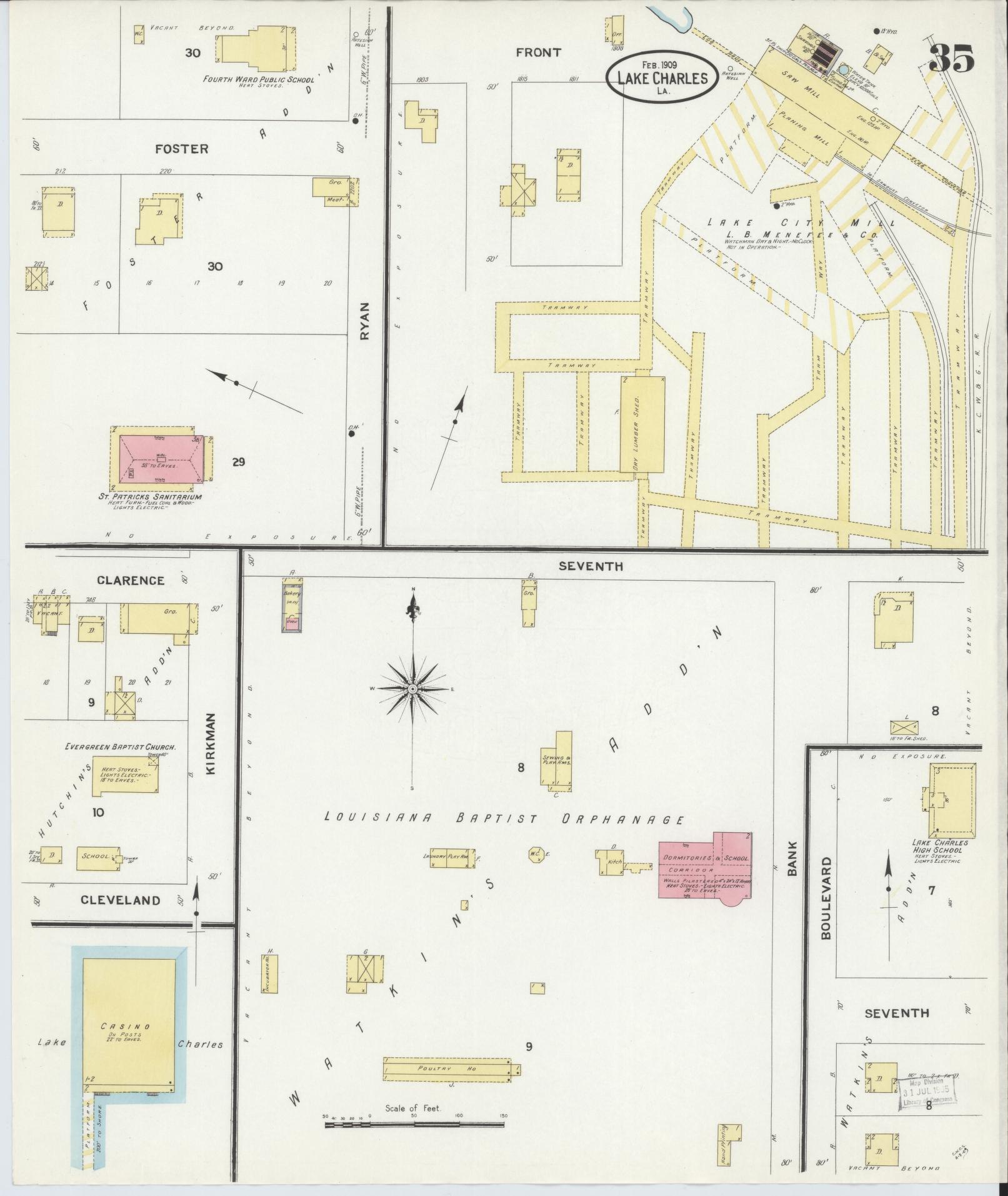 Sanborn Fire Insurance Map from Lake Charles, Calcasieu Parish, Louisiana (1909), Sheet #0035 - Historic Sanborn Fire Insurance Map Print, vintage old map wall art, antique decor, genealogy gift, Louisiana Louisiana map