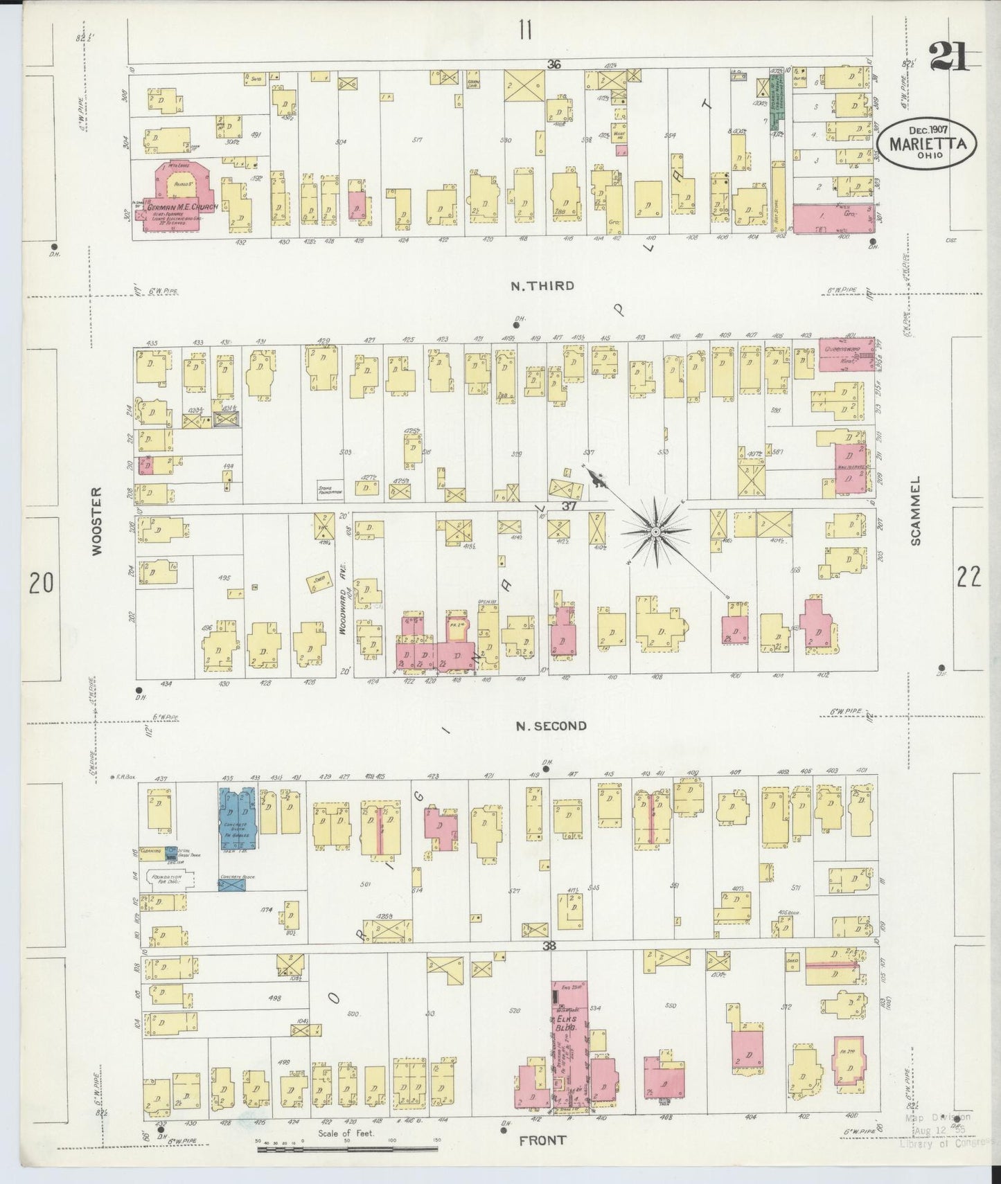 Sanborn Fire Insurance Map from Marietta, Washington County, Ohio (1907), Sheet #0021 - Historic Sanborn Fire Insurance Map Print, vintage old map wall art, antique decor, genealogy gift, Ohio Ohio map