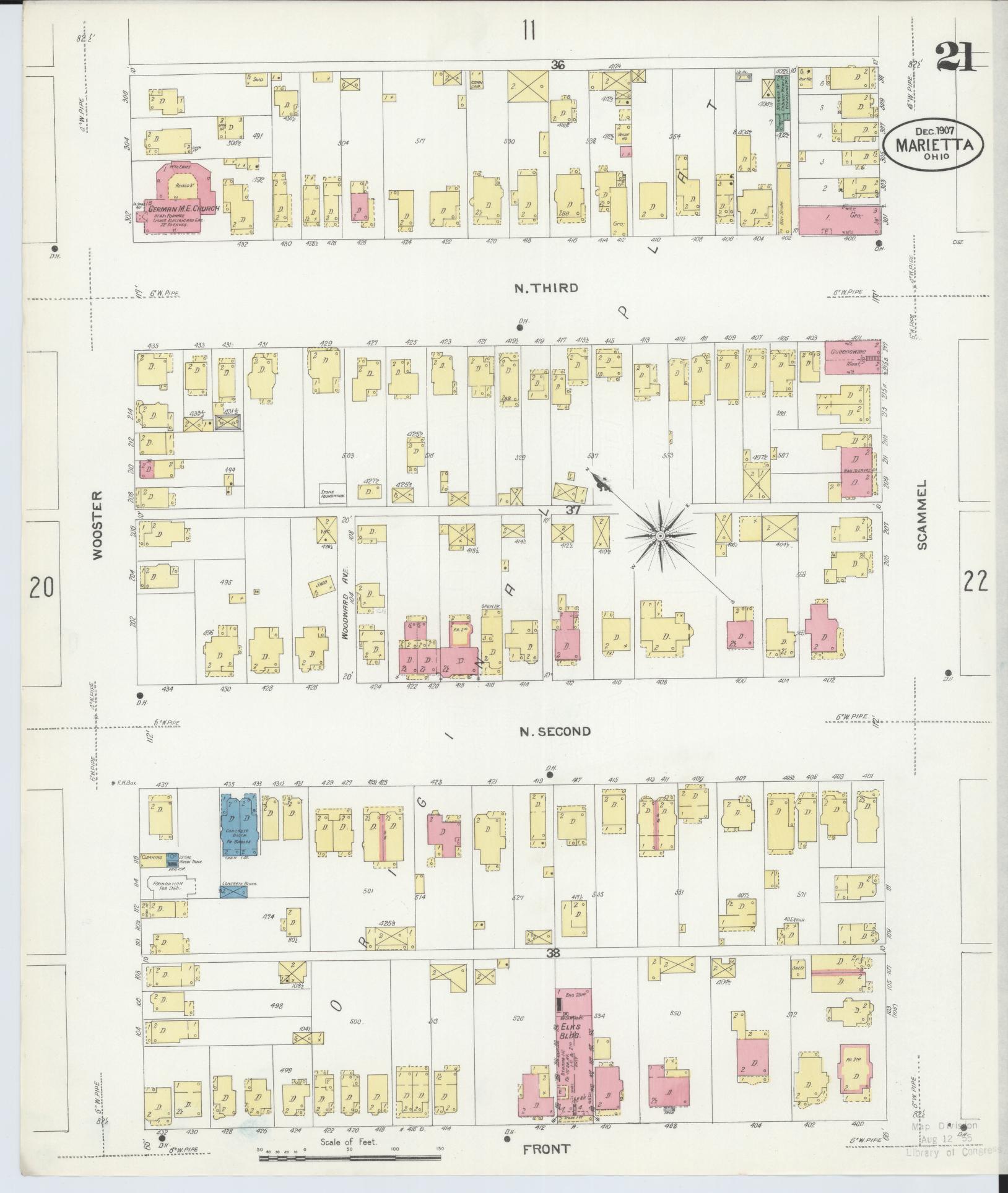 Sanborn Fire Insurance Map from Marietta, Washington County, Ohio (1907), Sheet #0021 - Historic Sanborn Fire Insurance Map Print, vintage old map wall art, antique decor, genealogy gift, Ohio Ohio map