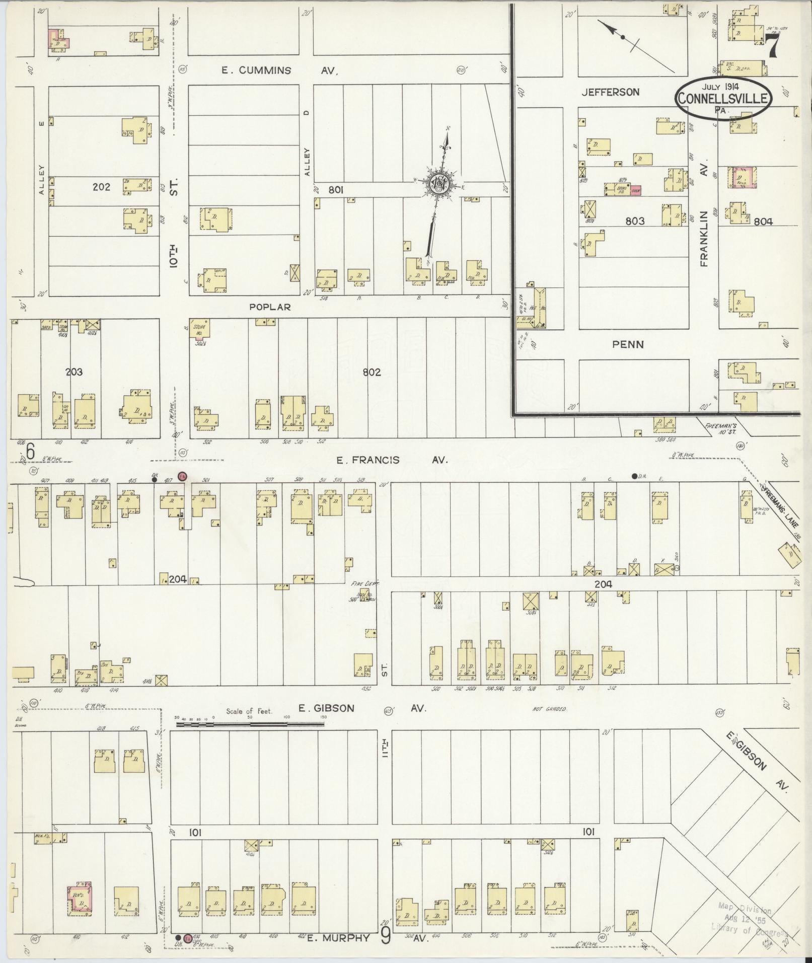Sanborn Fire Insurance Map from Connellsville, Fayette County, Pennsylvania (1914), Sheet #0007 - Historic Sanborn Fire Insurance Map Print, vintage old map wall art, antique decor, genealogy gift, Pennsylvania Pennsylvania map