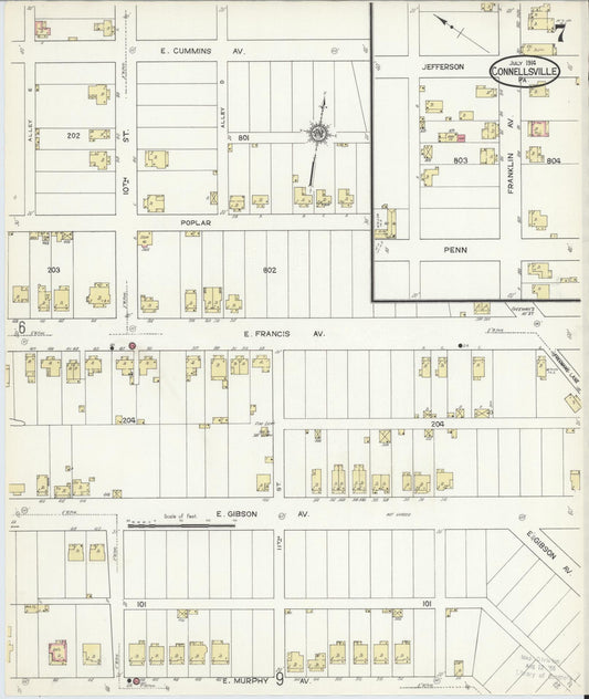 Sanborn Fire Insurance Map from Connellsville, Fayette County, Pennsylvania (1914), Sheet #0007 - Historic Sanborn Fire Insurance Map Print, vintage old map wall art, antique decor, genealogy gift, Pennsylvania Pennsylvania map