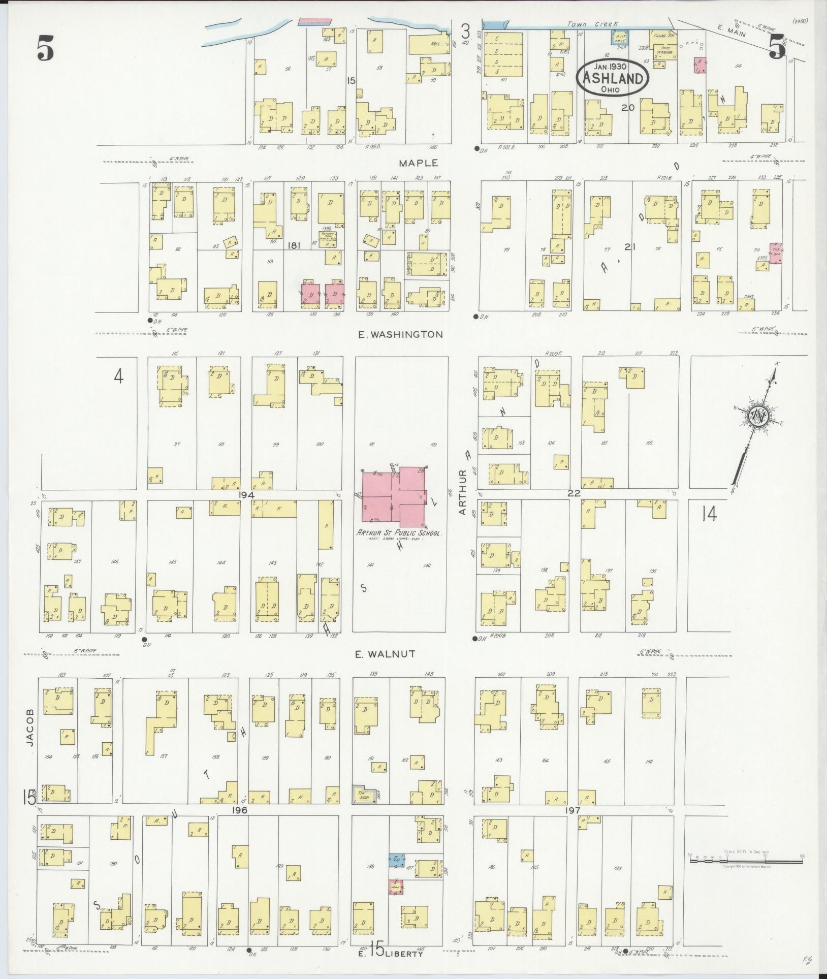 Sanborn Fire Insurance Map from Ashland, Ashland County, Ohio (1930), Sheet #0005 - Historic Sanborn Fire Insurance Map Print, vintage old map wall art, antique decor, genealogy gift, Ohio Ohio map