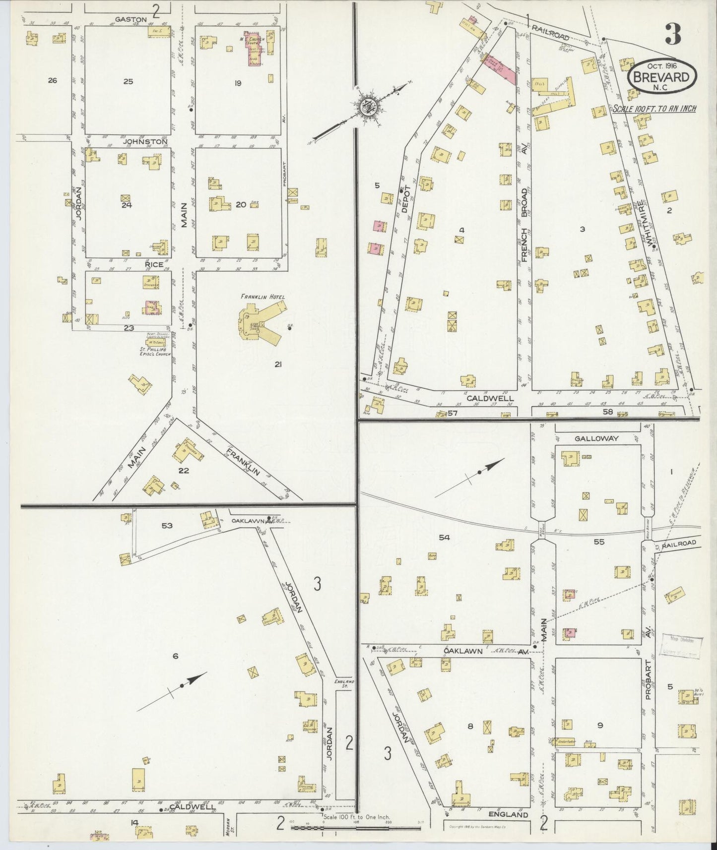 Sanborn Fire Insurance Map from Brevard, Transylvania County, North Carolina (1916), Sheet #0003 - Complete Map Set gallery image, historic Sanborn map, vintage wall art, North Carolina North Carolina
