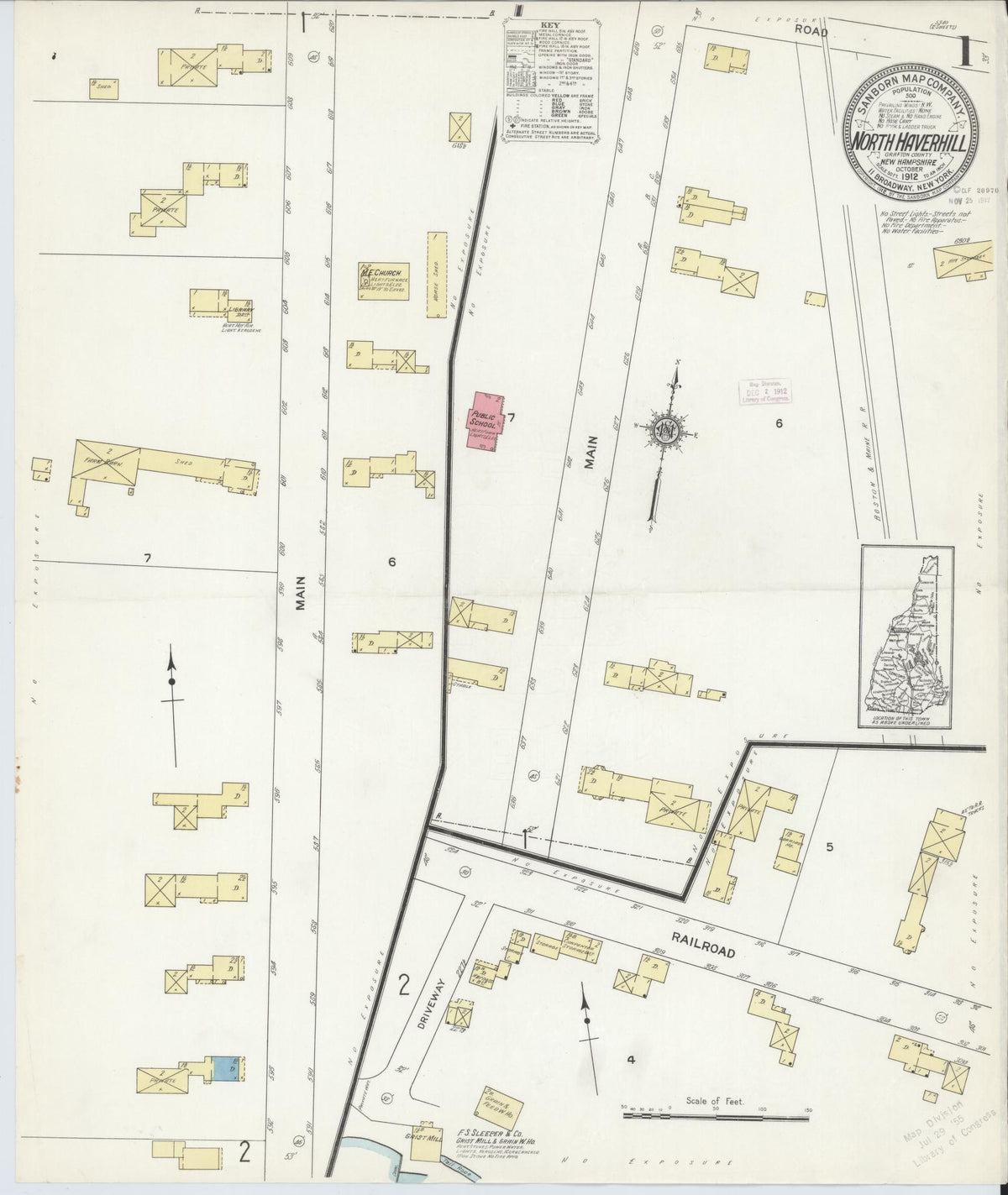 Sanborn Fire Insurance Map from North Haverhill, Grafton County, New Hampshire (1912), Sheet #0001 - Historic Sanborn Fire Insurance Map Print, vintage old map wall art, antique decor, genealogy gift, New Hampshire New Hampshire map