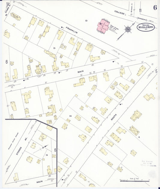 Sanborn Fire Insurance Map from Middlebury, Addison County, Vermont (1910), Sheet #0006 - Historic Sanborn Fire Insurance Map Print, vintage old map wall art, antique decor, genealogy gift, Vermont Vermont map