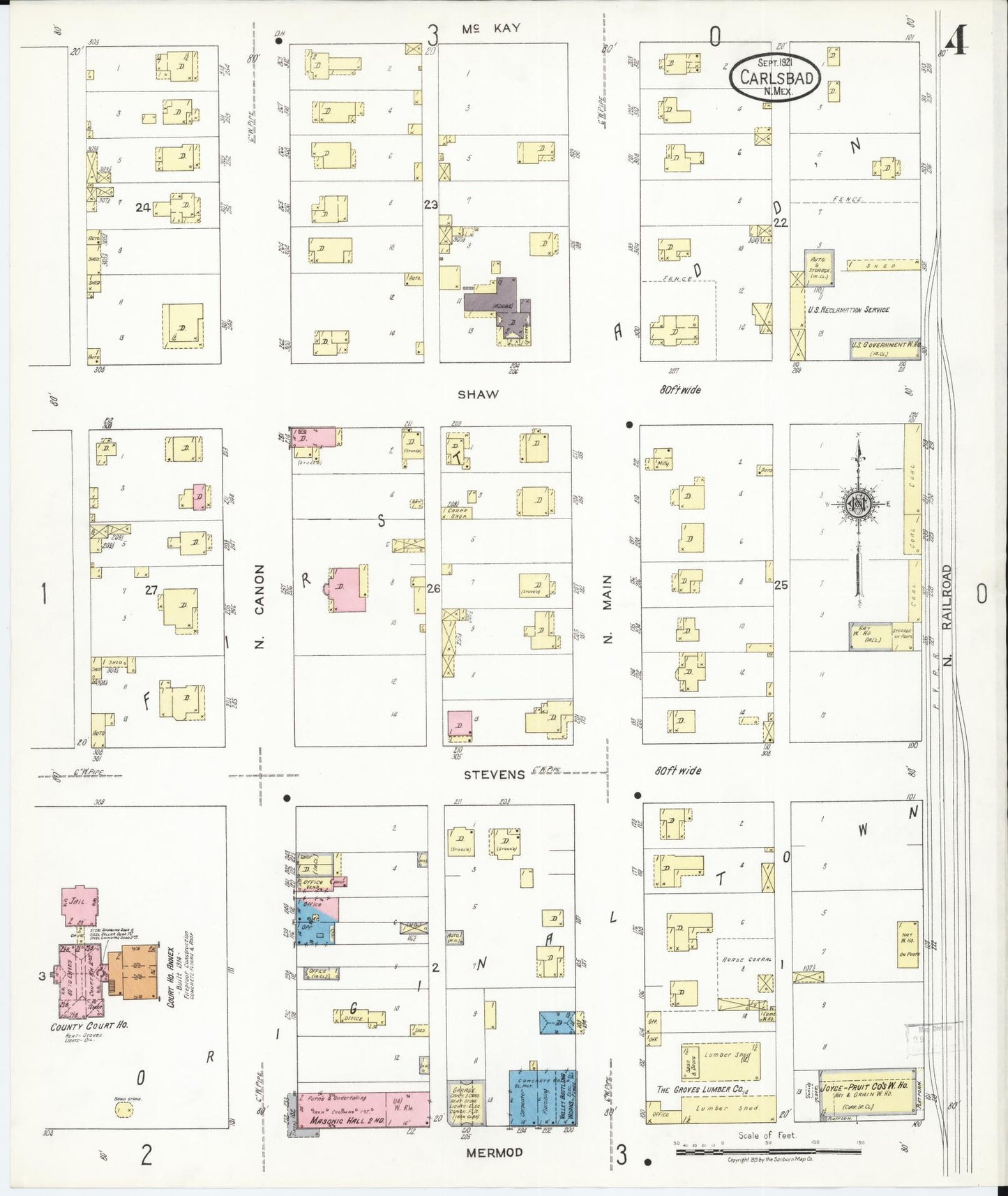 Sanborn Fire Insurance Map from Carlsbad, Eddy County, New Mexico (1921), Sheet #0004 - Complete Map Set gallery image, historic Sanborn map, vintage wall art, New Mexico New Mexico